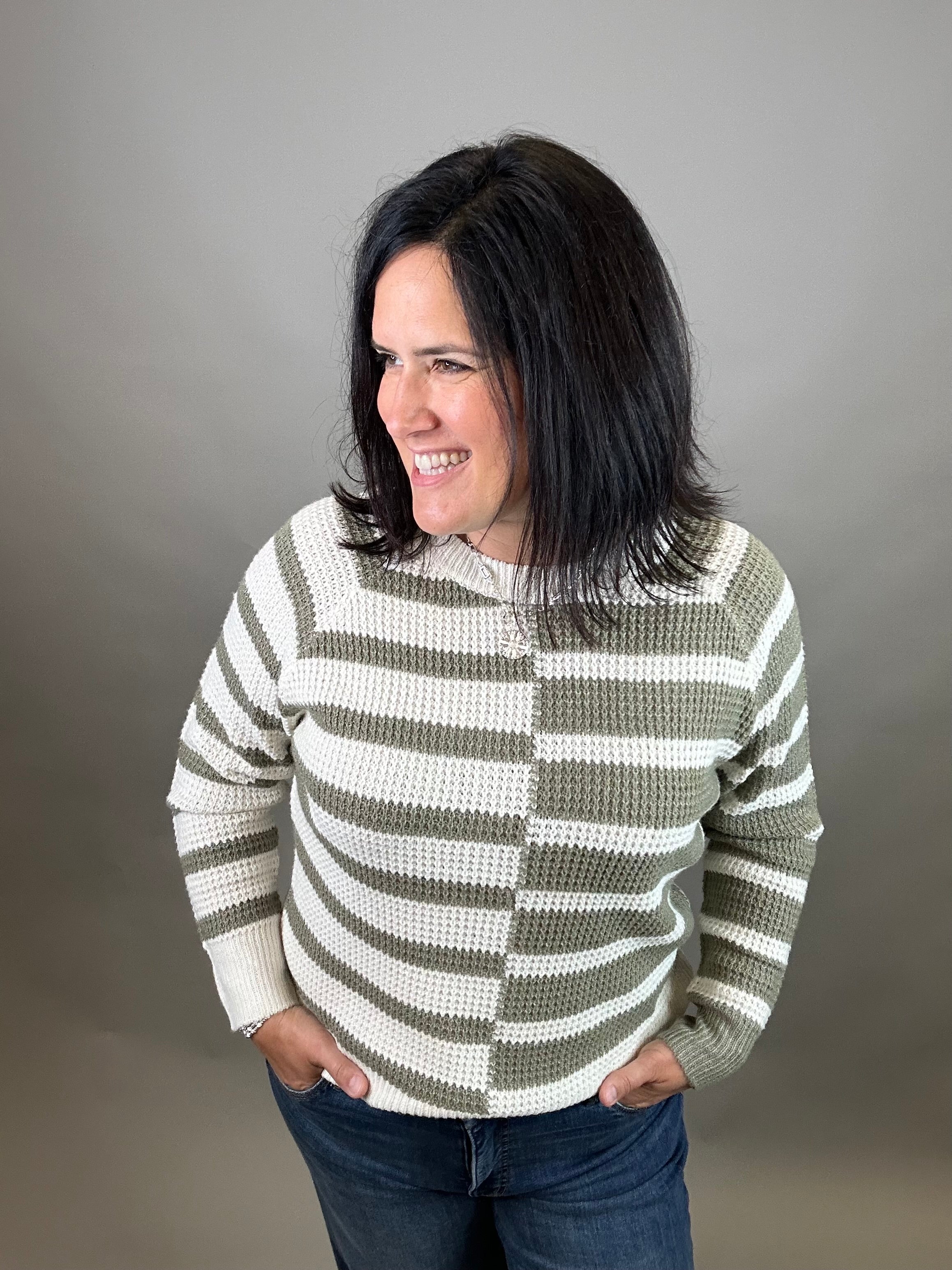 Lt. Olive Multi Stripe Raglan Sweater Top - Sweater STACCATO