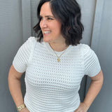 Off White Open Weave Short Puff Sleeve Sweater Top - Sweater STACCATO