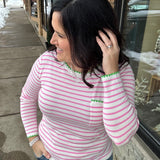 Lt. Pink Blanket Stitch Striped Sweater