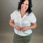 White Collared V Neck Crinkle Blouse Top - Sweater STACCATO