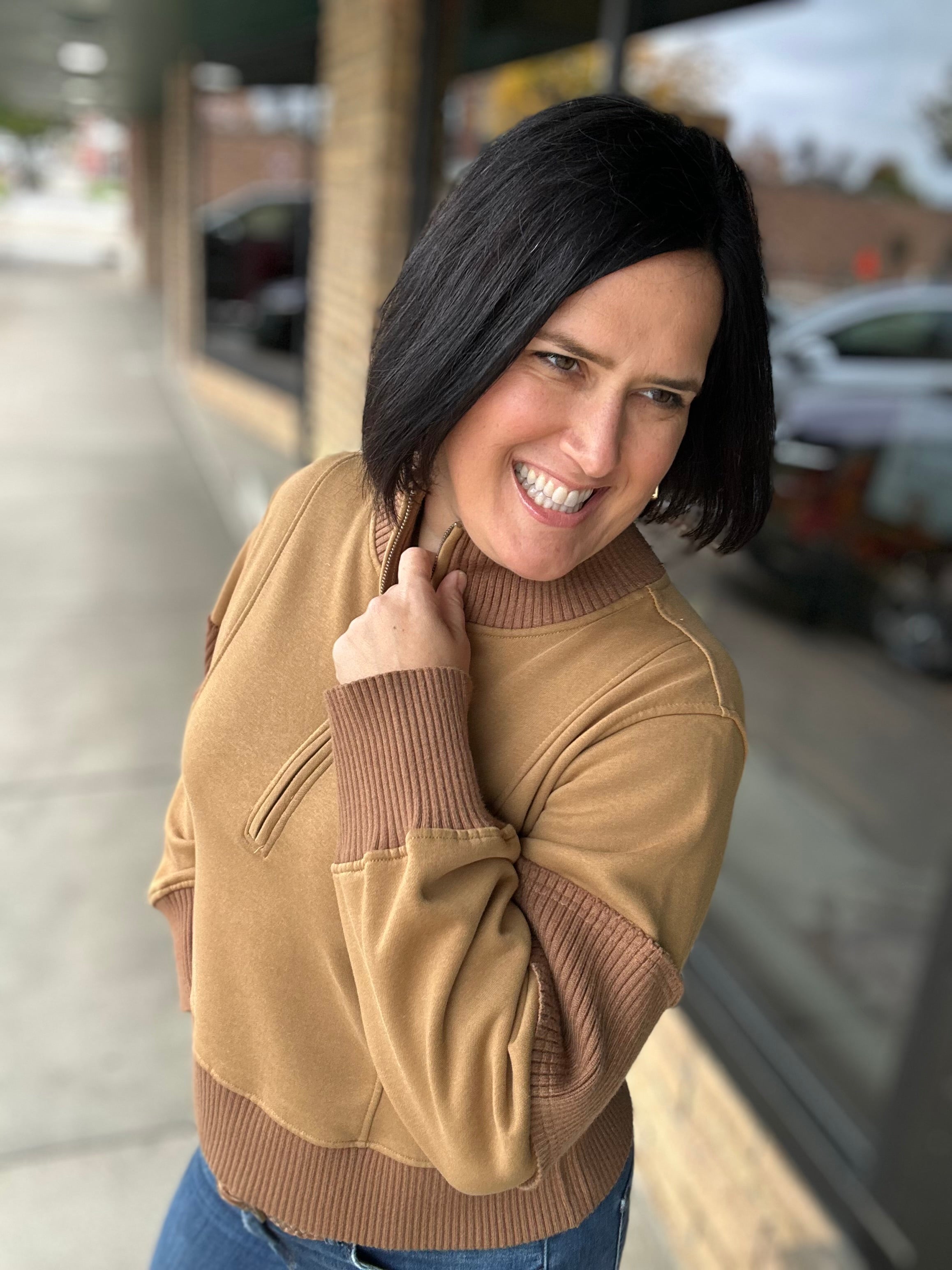 Sepia Half Zip-Up Brushed Terry Top Top - Sweatshirt HEM & THREAD