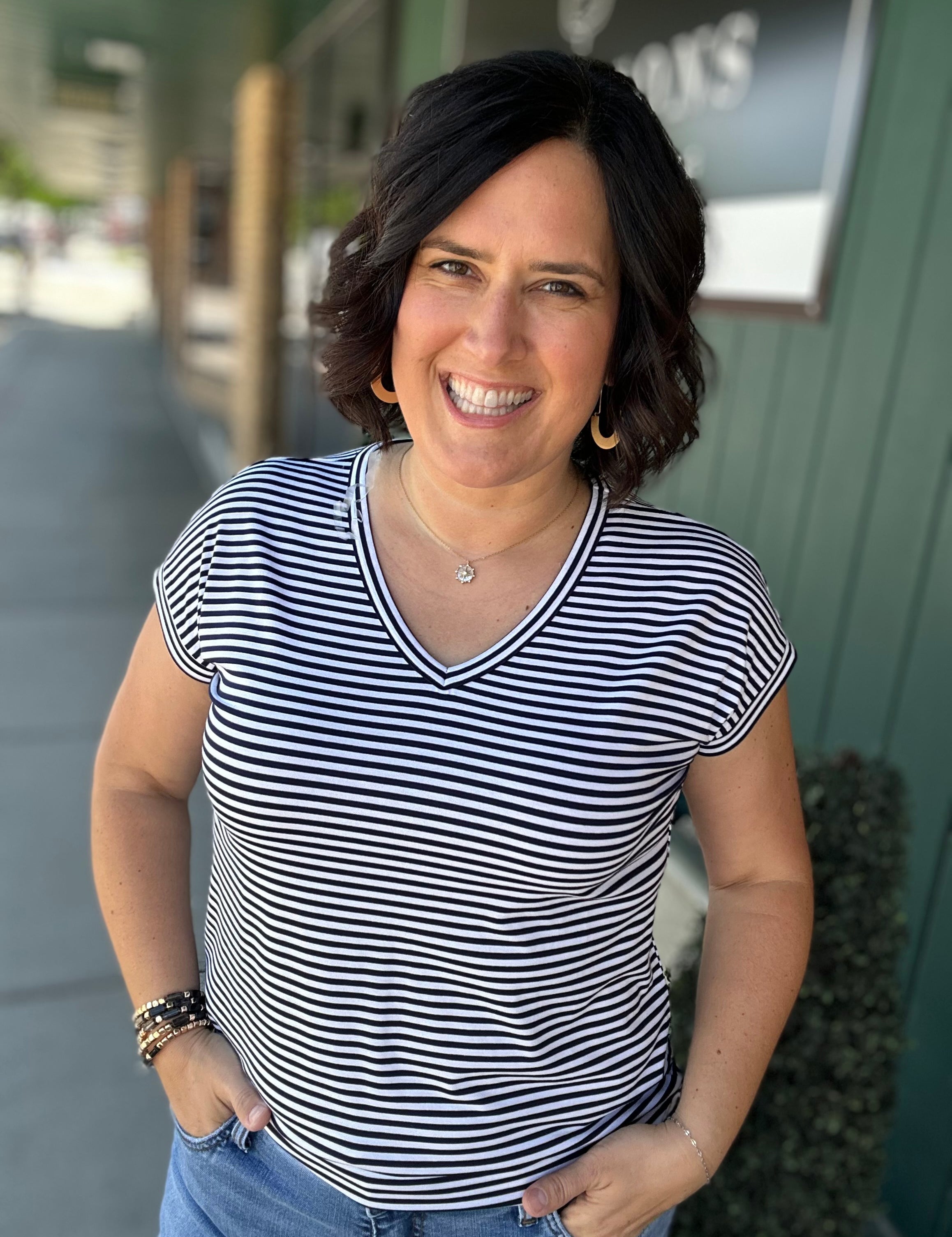 Blue/White Striped V-Neck Top Top - Tee STACCATO