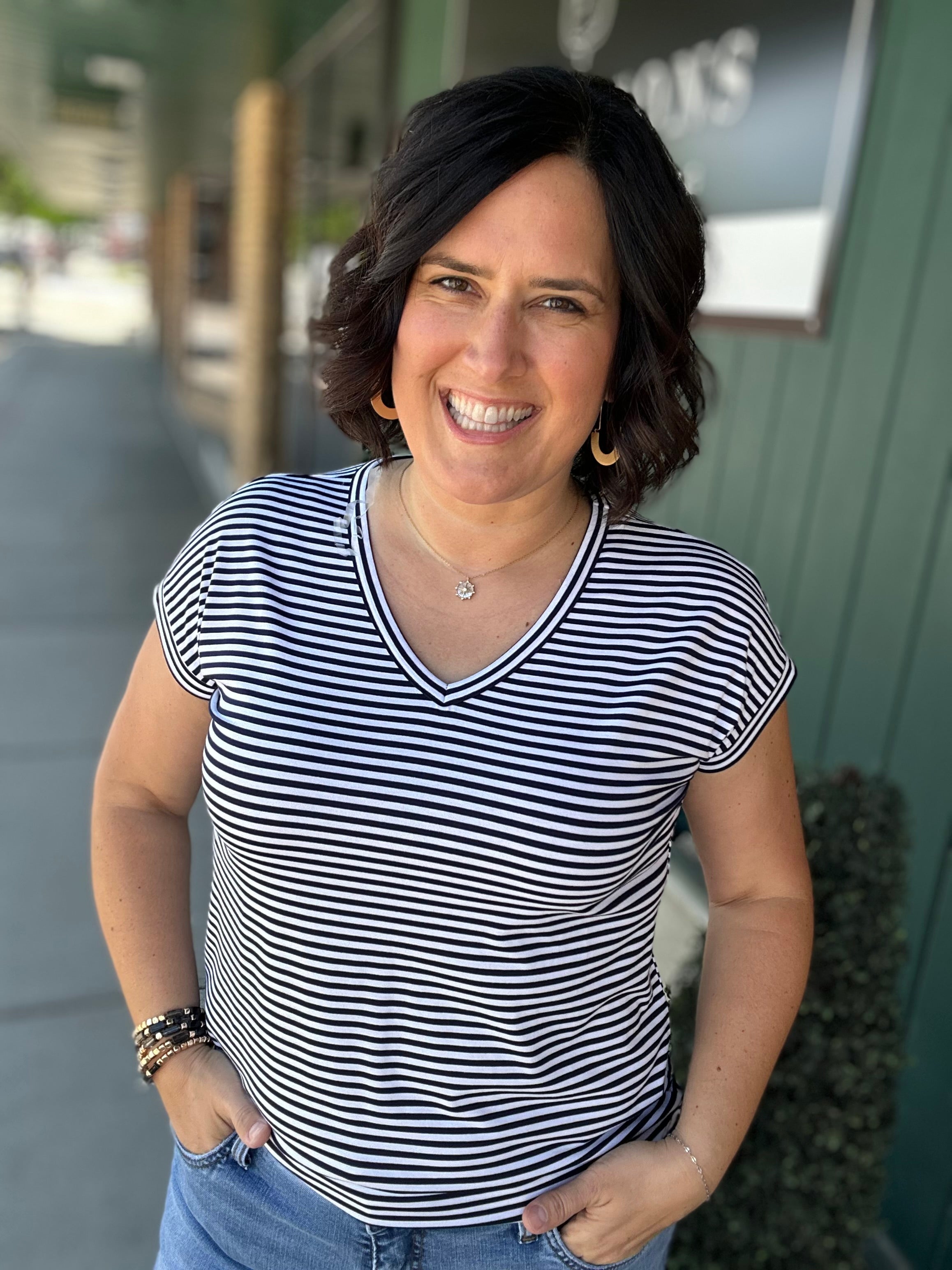 Blue/White Striped V-Neck Top Top - Tee STACCATO