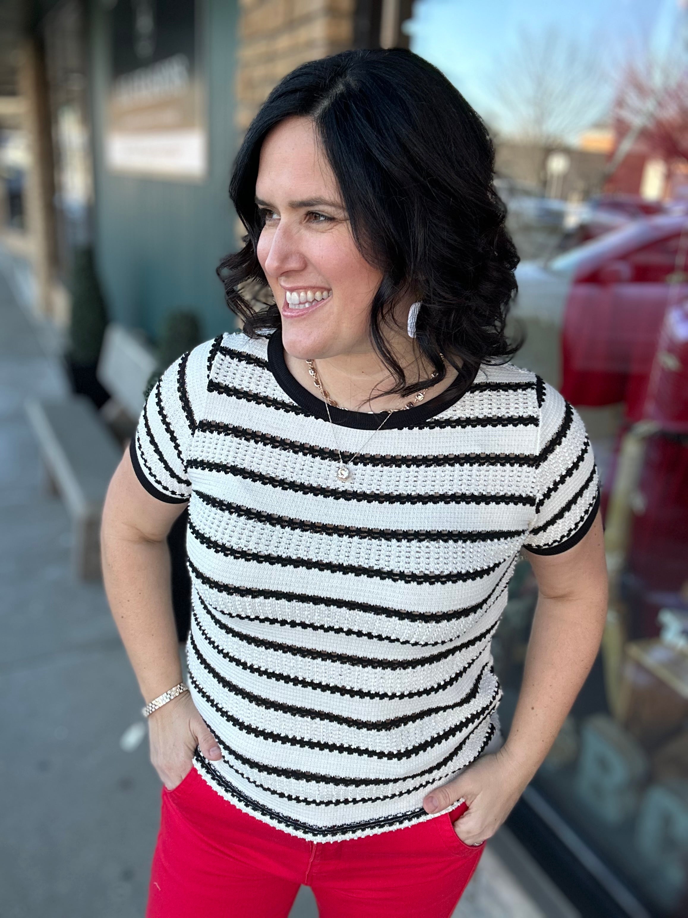 Ivory/Black Pointelle Striped Top Top - Sweater STACCATO