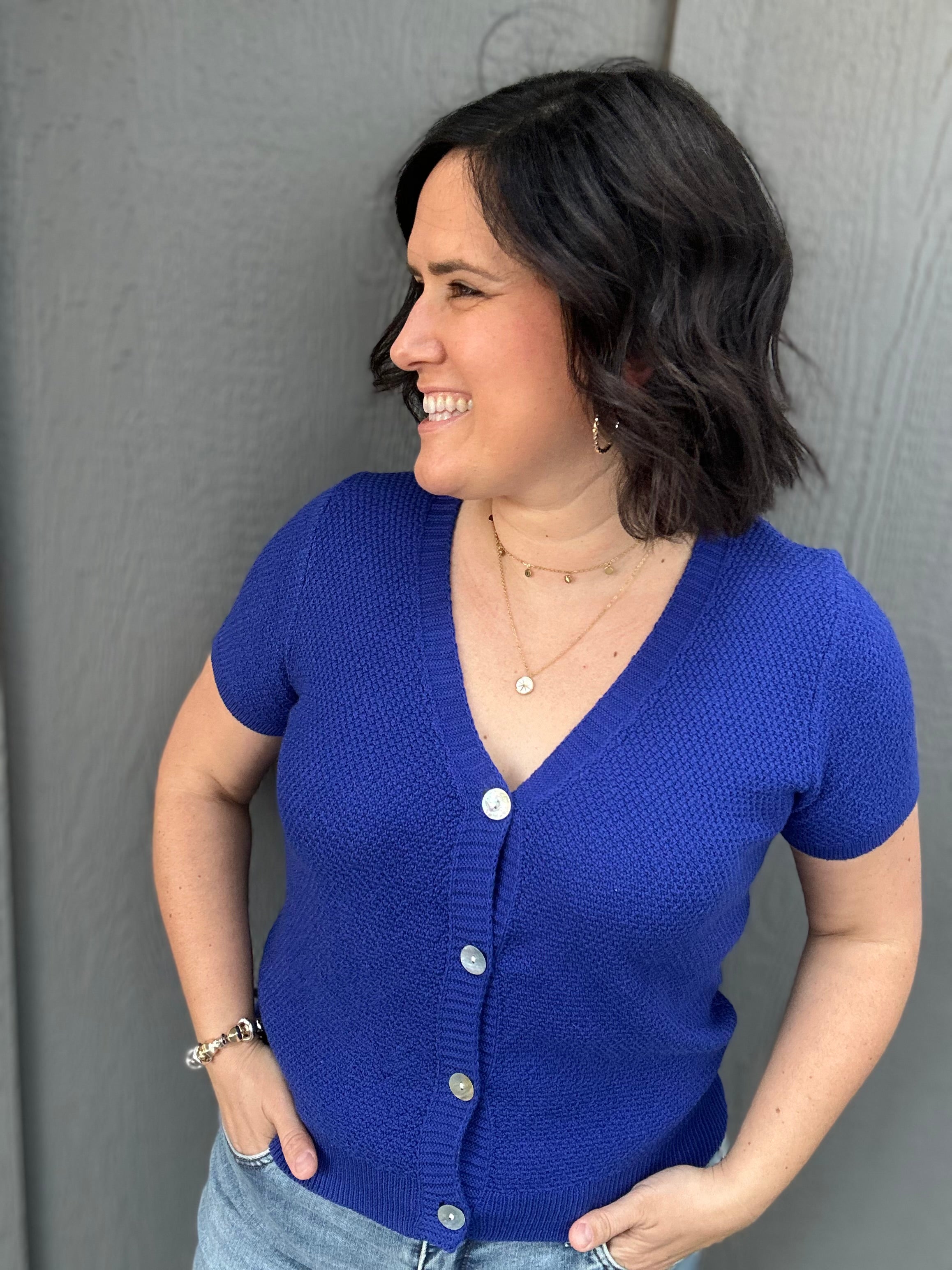 Royal Blue Waffle V Neck Cardigan Tops- Cardigans STACCATO