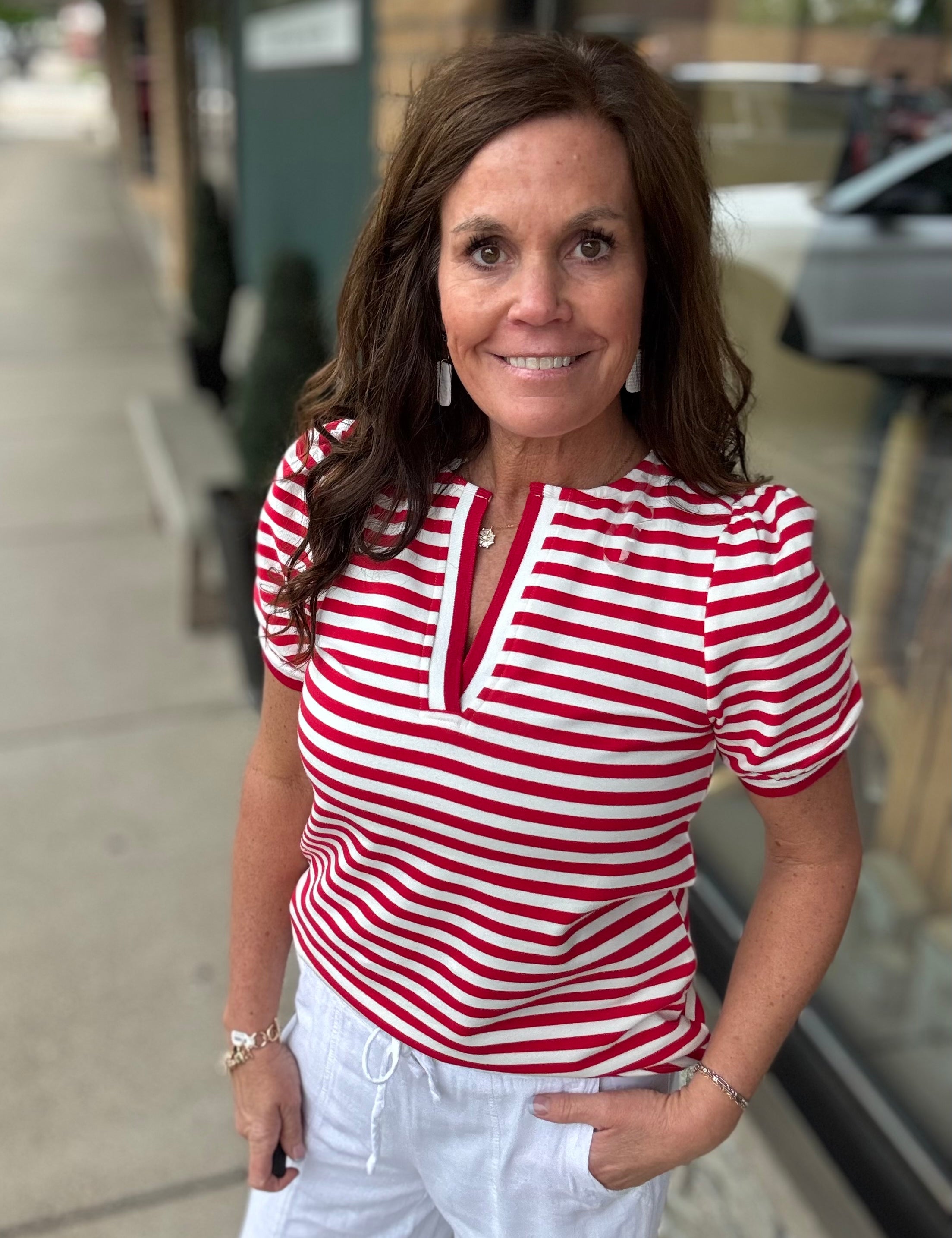 Red/White Split Neck Top Top - Tee STACCATO
