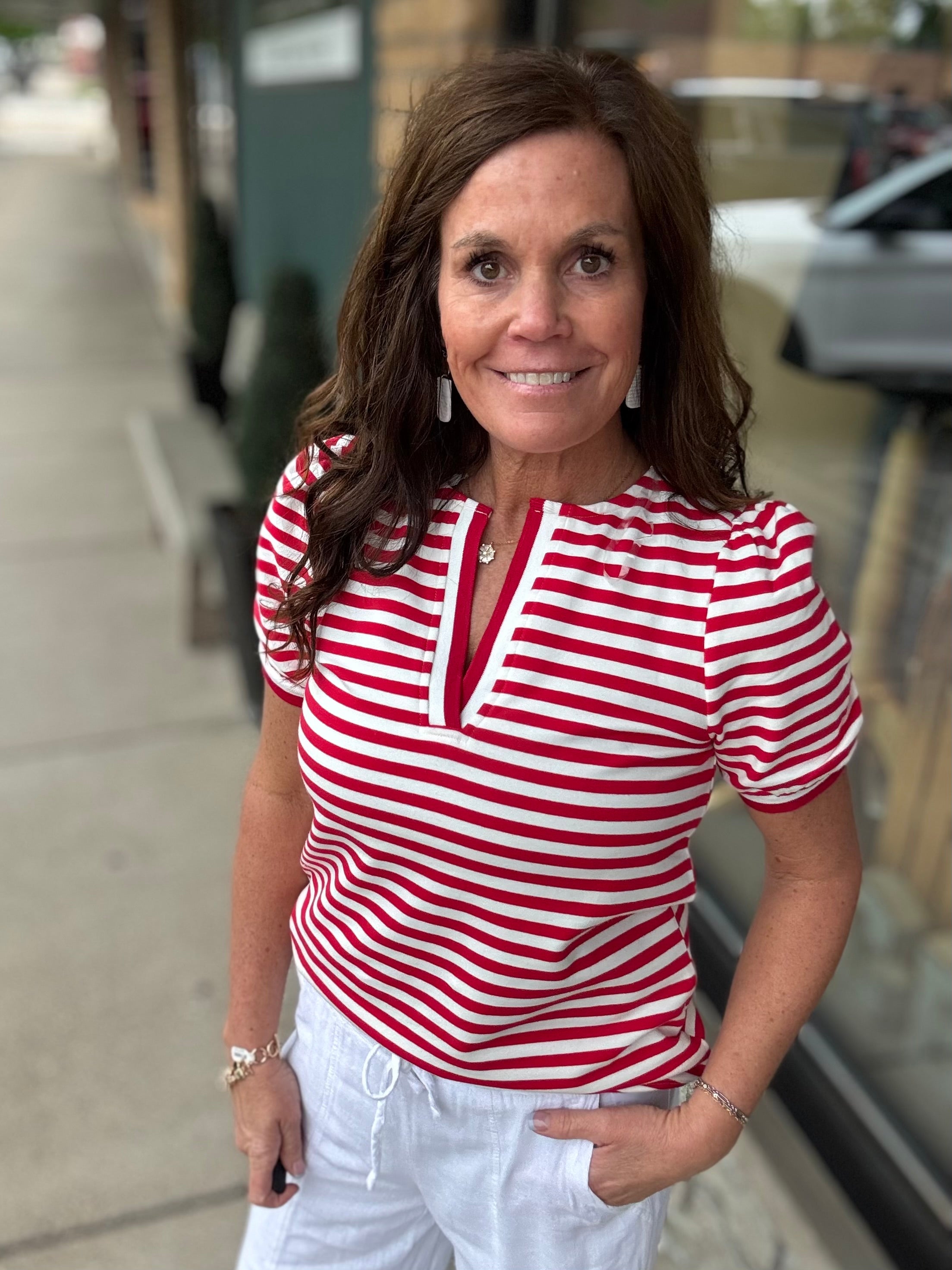 Red/White Split Neck Top Top - Tee STACCATO