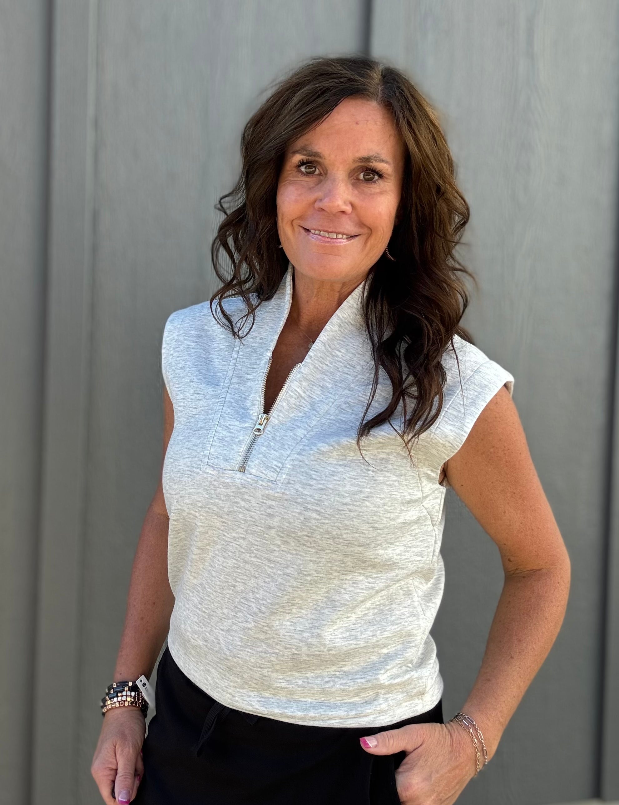 Grey Collared Half Zip Sleeveless Top Tops- Blouses STAR DROP
