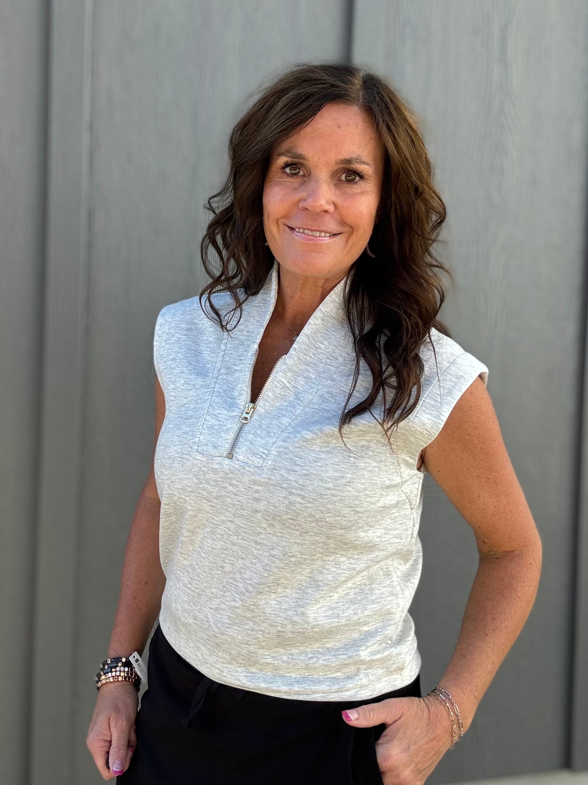 Grey Collared Half Zip Sleeveless Top Tops- Blouses STAR DROP