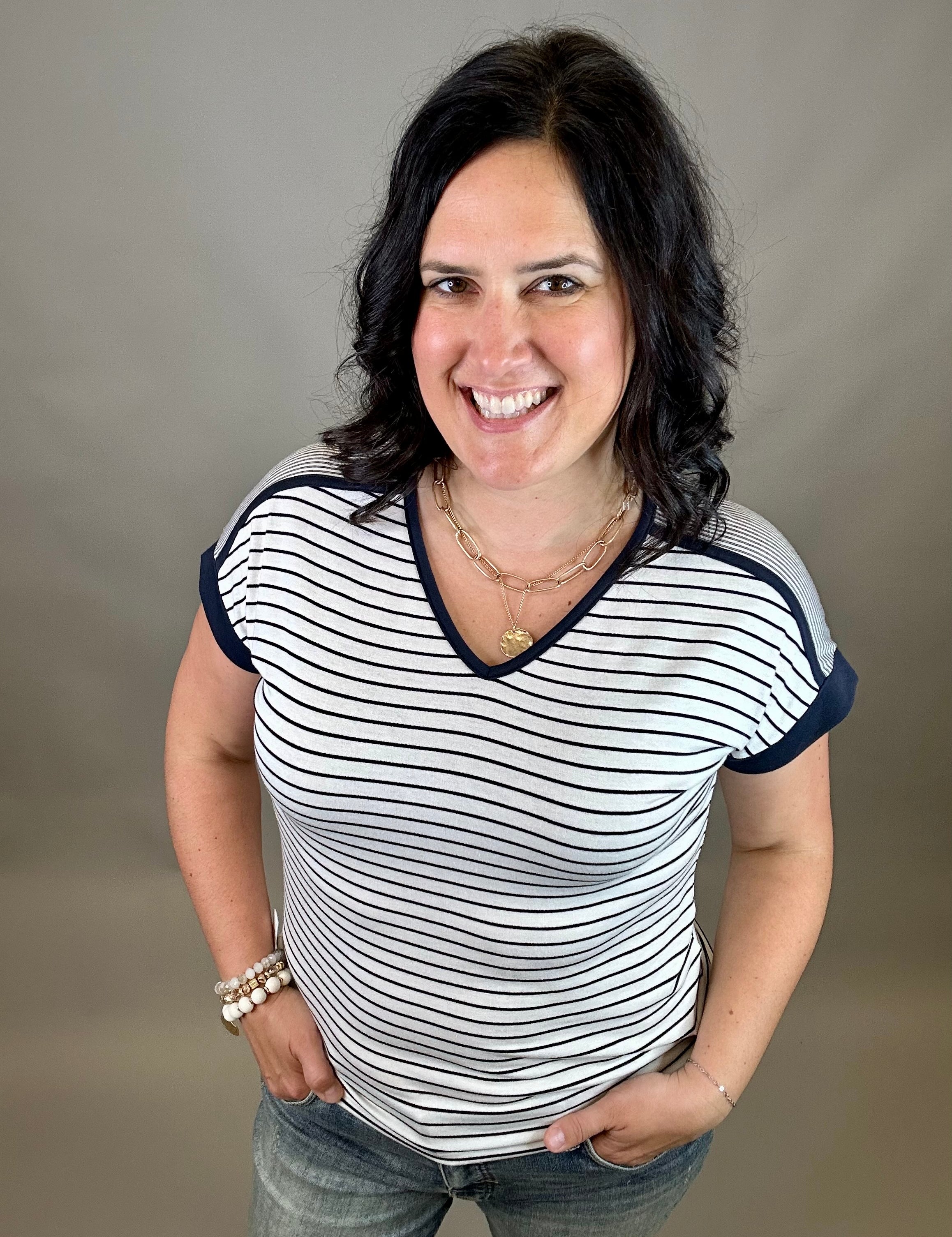 Ivory/Black Navy Terry Striped Top Top - Tee STACCATO