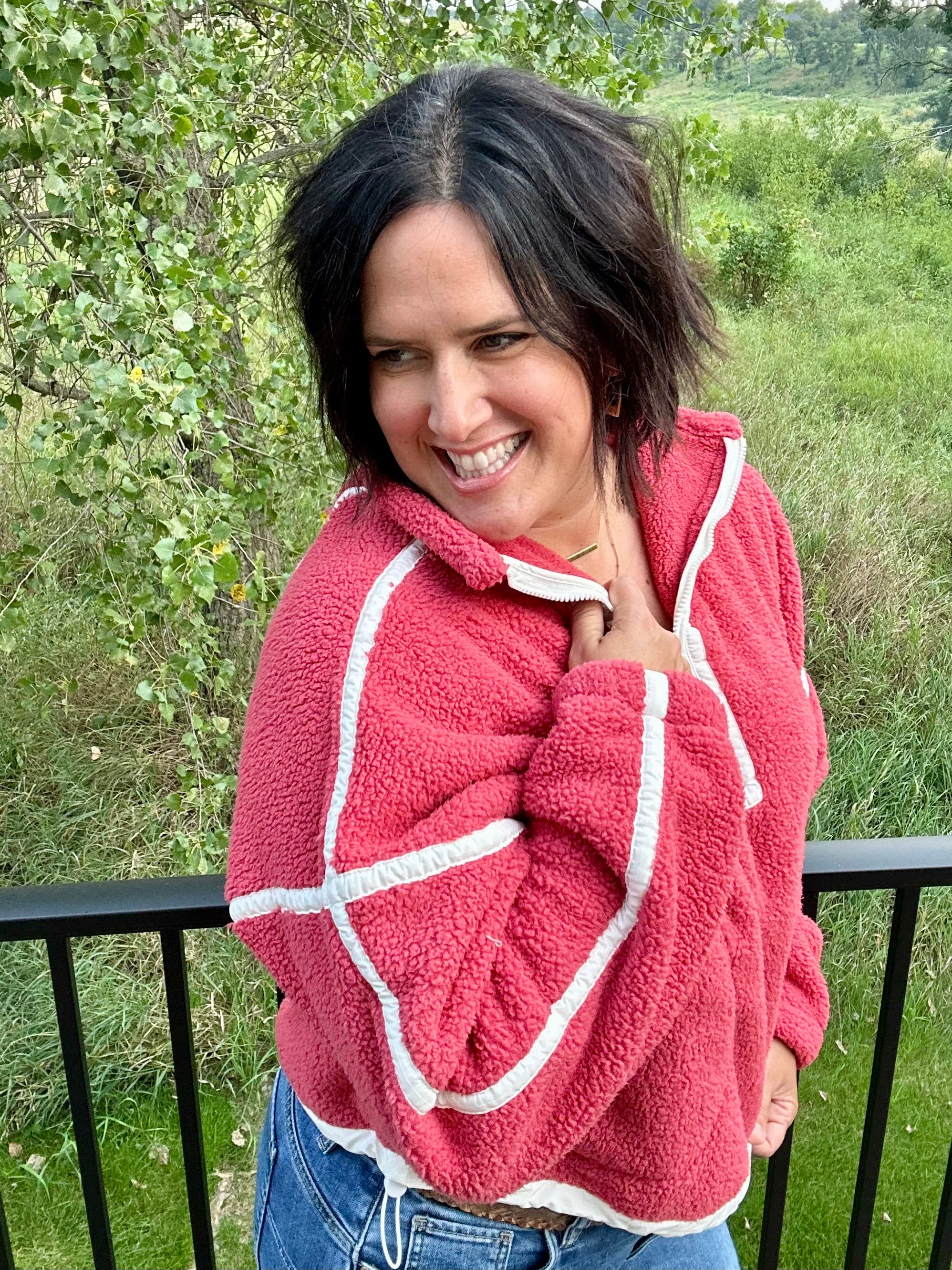 Washed Cherry Sherpa Quarter Zip Pullover Top - Sweatshirt MIOU MUSE