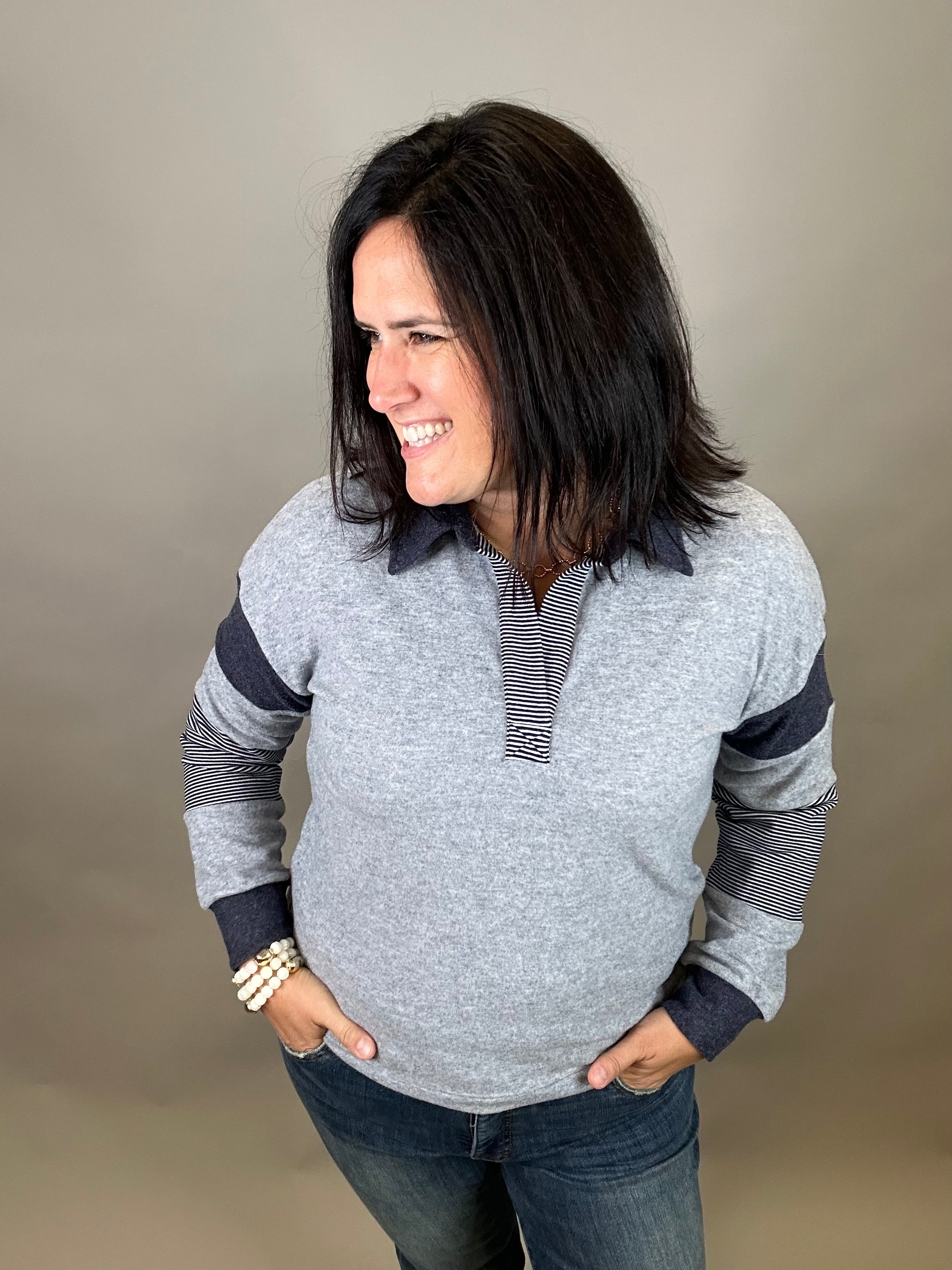 Navy Striped Henley Pullover Top - Sweatshirt STACCATO