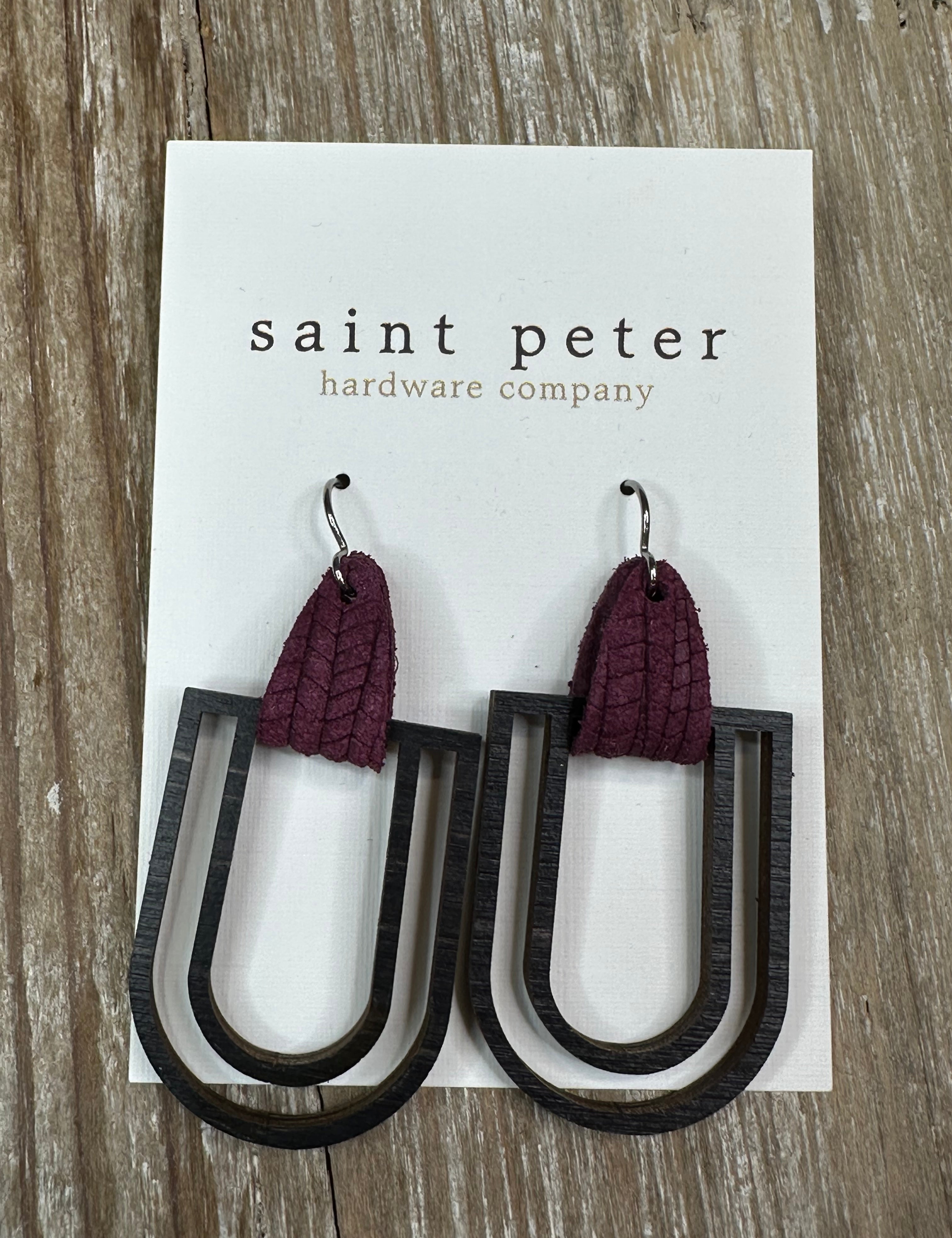 Dark Wood Drop Earrings w/ Purple Leather Jewelry - Earrings St. Peter Hardware