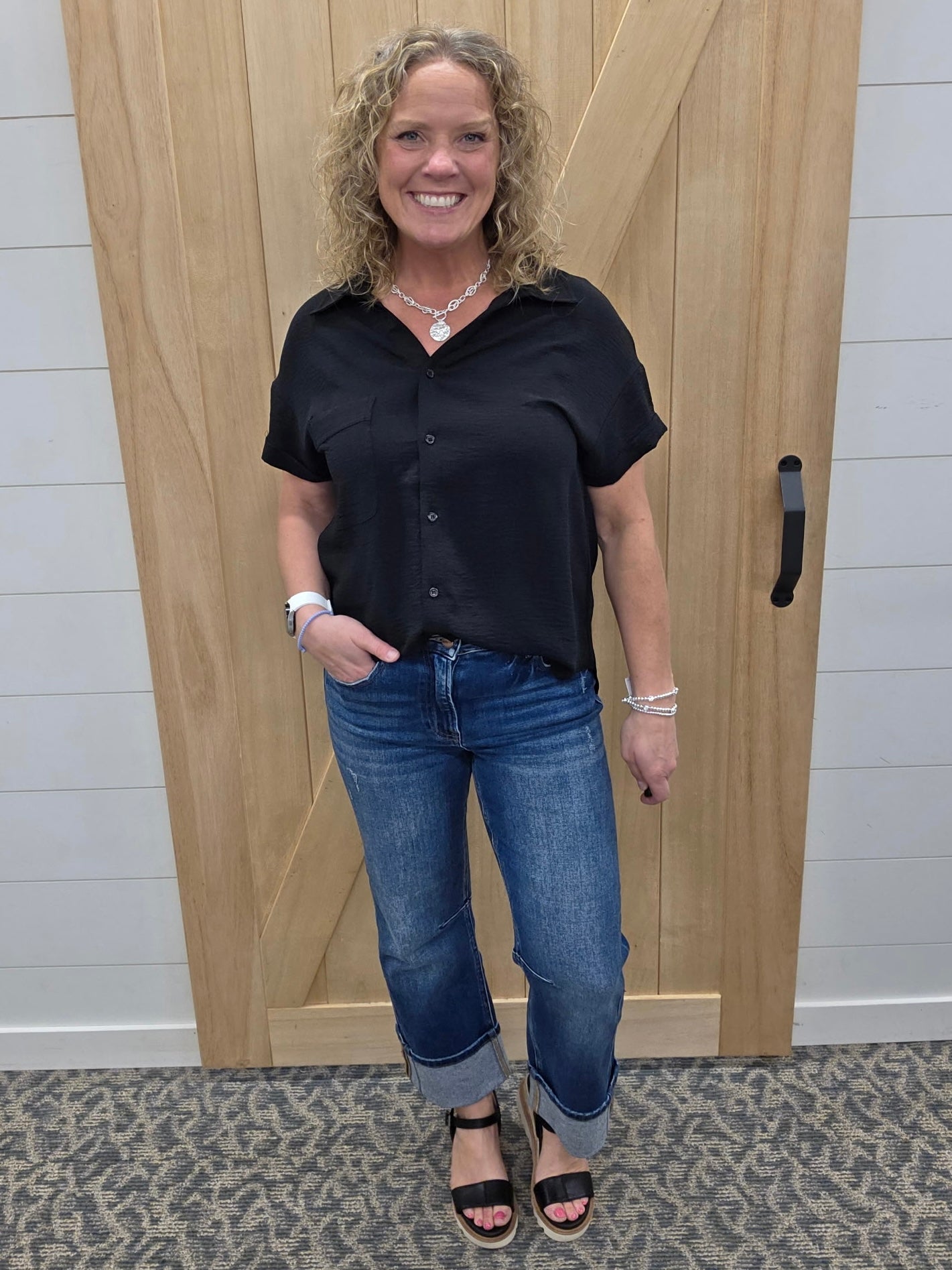Black Button Front Short Sleeve Tops - Button Ups STACCATO