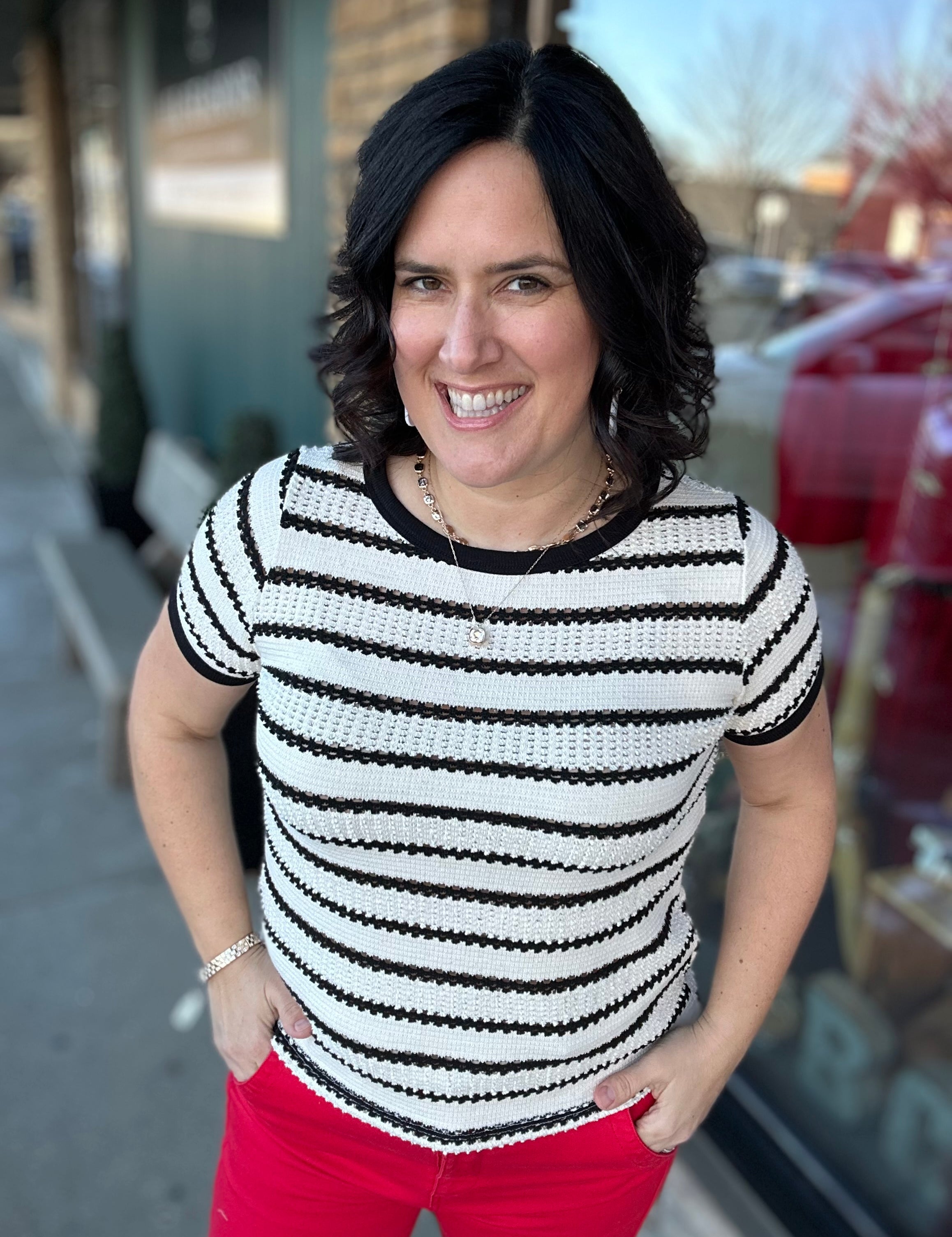 Ivory/Black Pointelle Striped Top Top - Sweater STACCATO