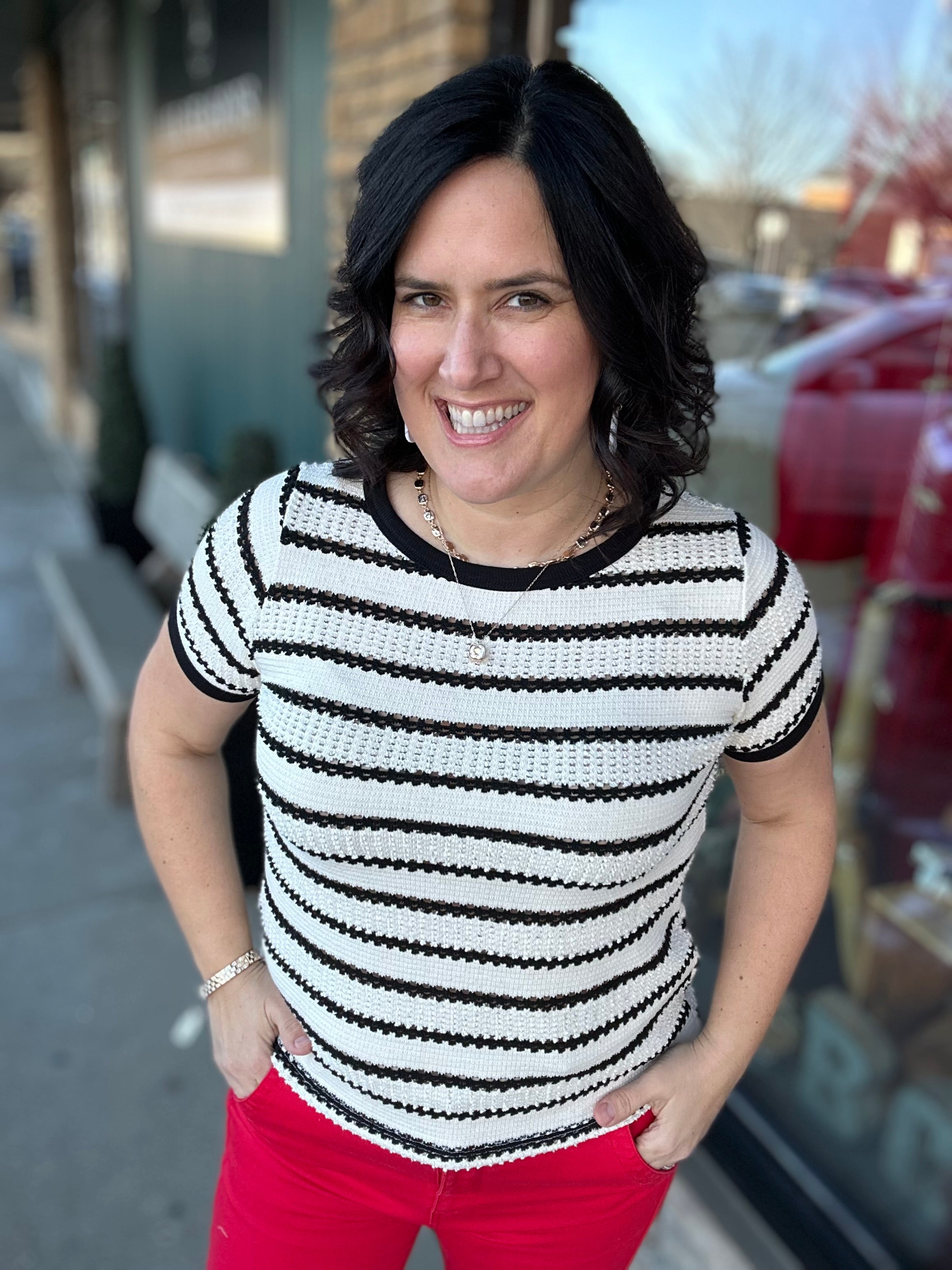 Ivory/Black Pointelle Striped Top Top - Sweater STACCATO