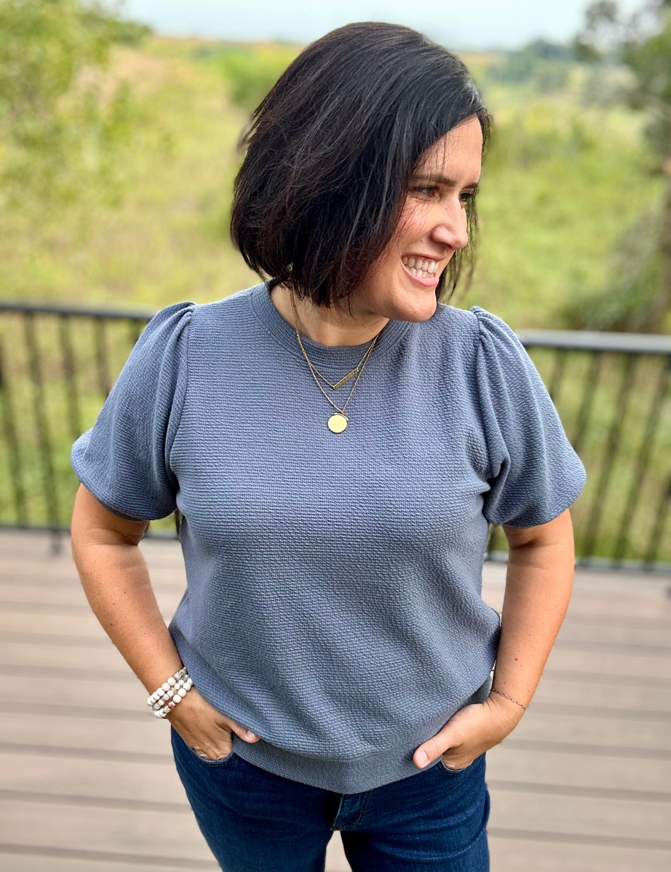 Denim Cloud Knit Puff Sleeve Top Top - Tee TRES BIEN