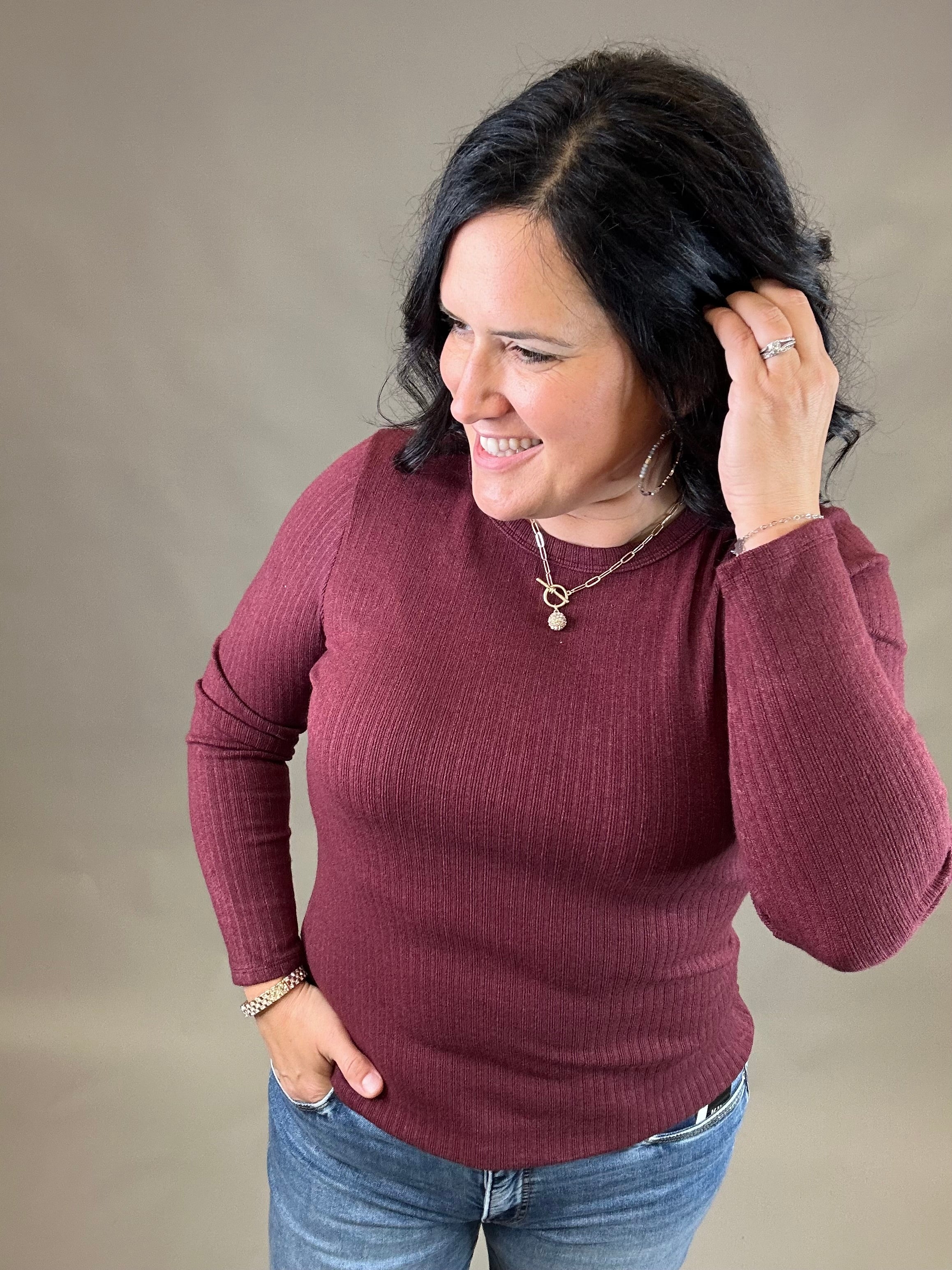 Burgundy Hacci Ribbed Knit Top Top - Sweater STACCATO