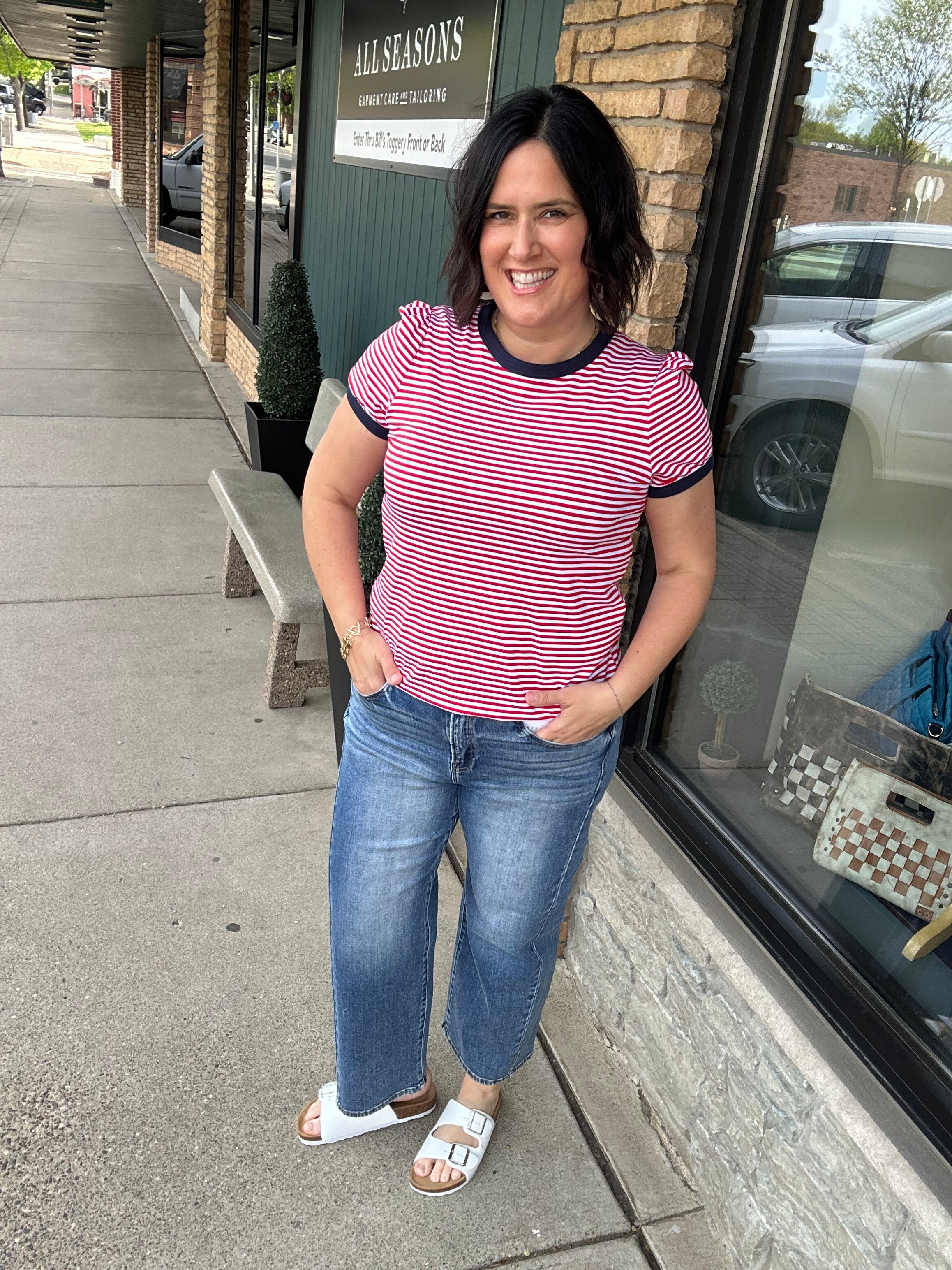 Red, White & Navy Short Sleeve Striped Top Tops- Tees STACCATO