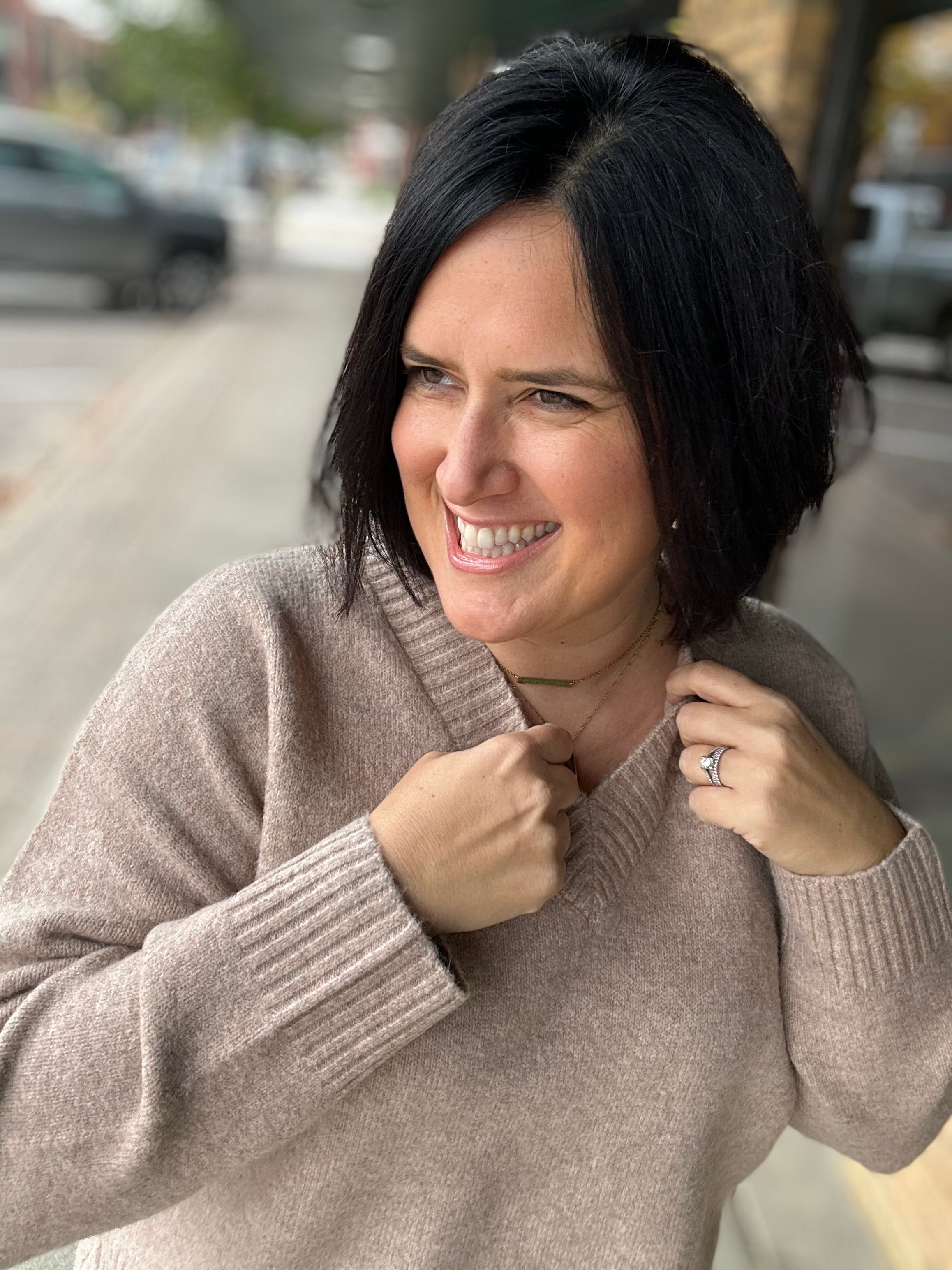 Mocha V-Neck Basic Sweater Top - Sweater HEM & THREAD