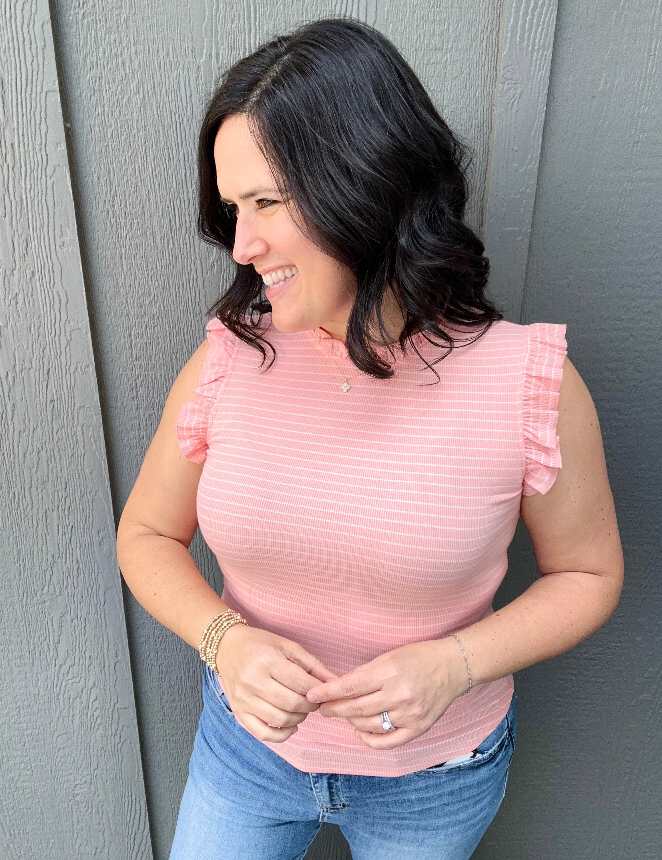 Blush Peach Stripe Ruffle Tank Tops- Tanks DOE & RAE