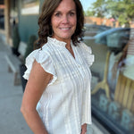 Cream Flutter Sleeve Button Down Top Tops- Blouses THML