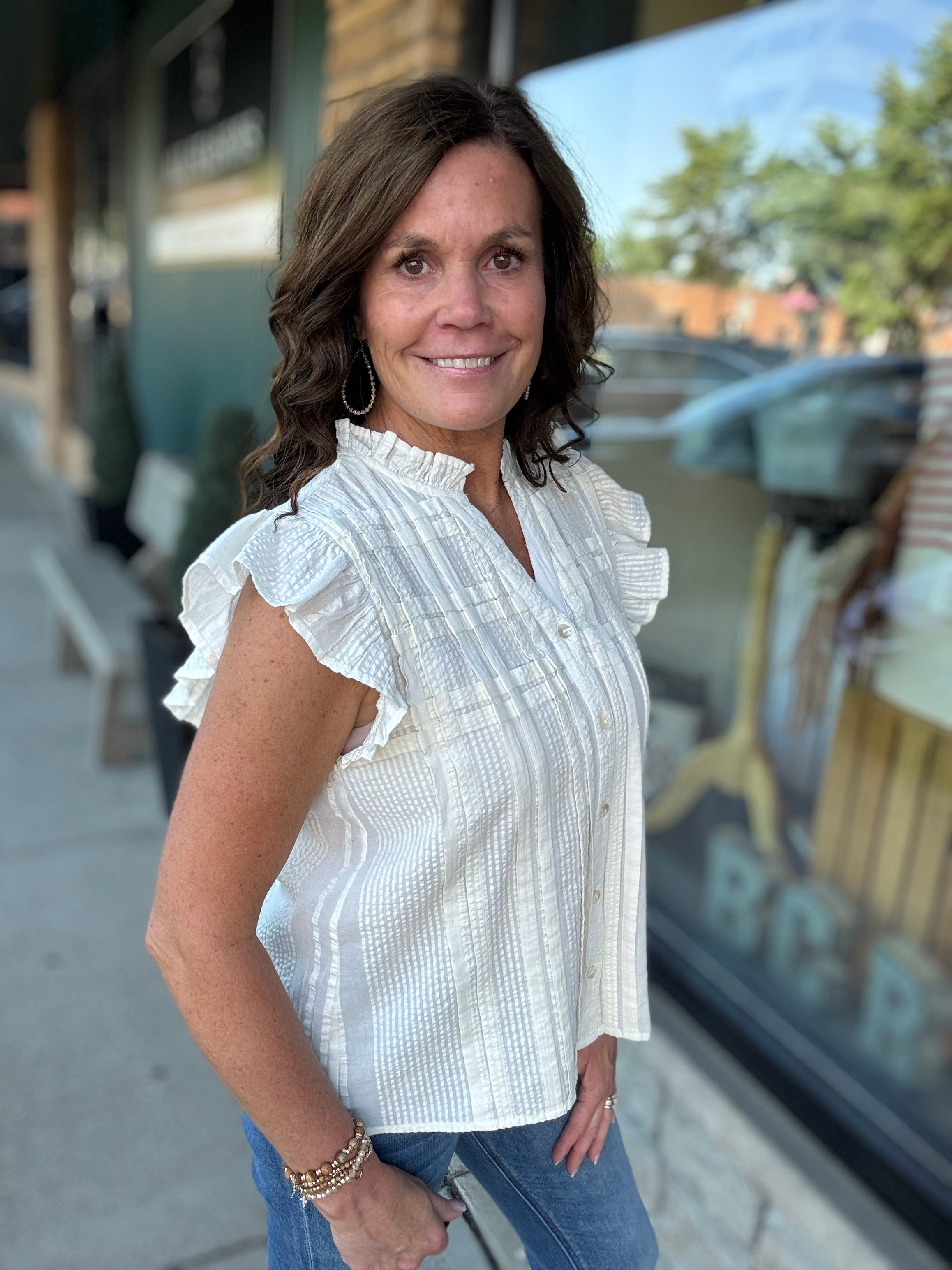 Cream Flutter Sleeve Button Down Top Tops- Blouses THML