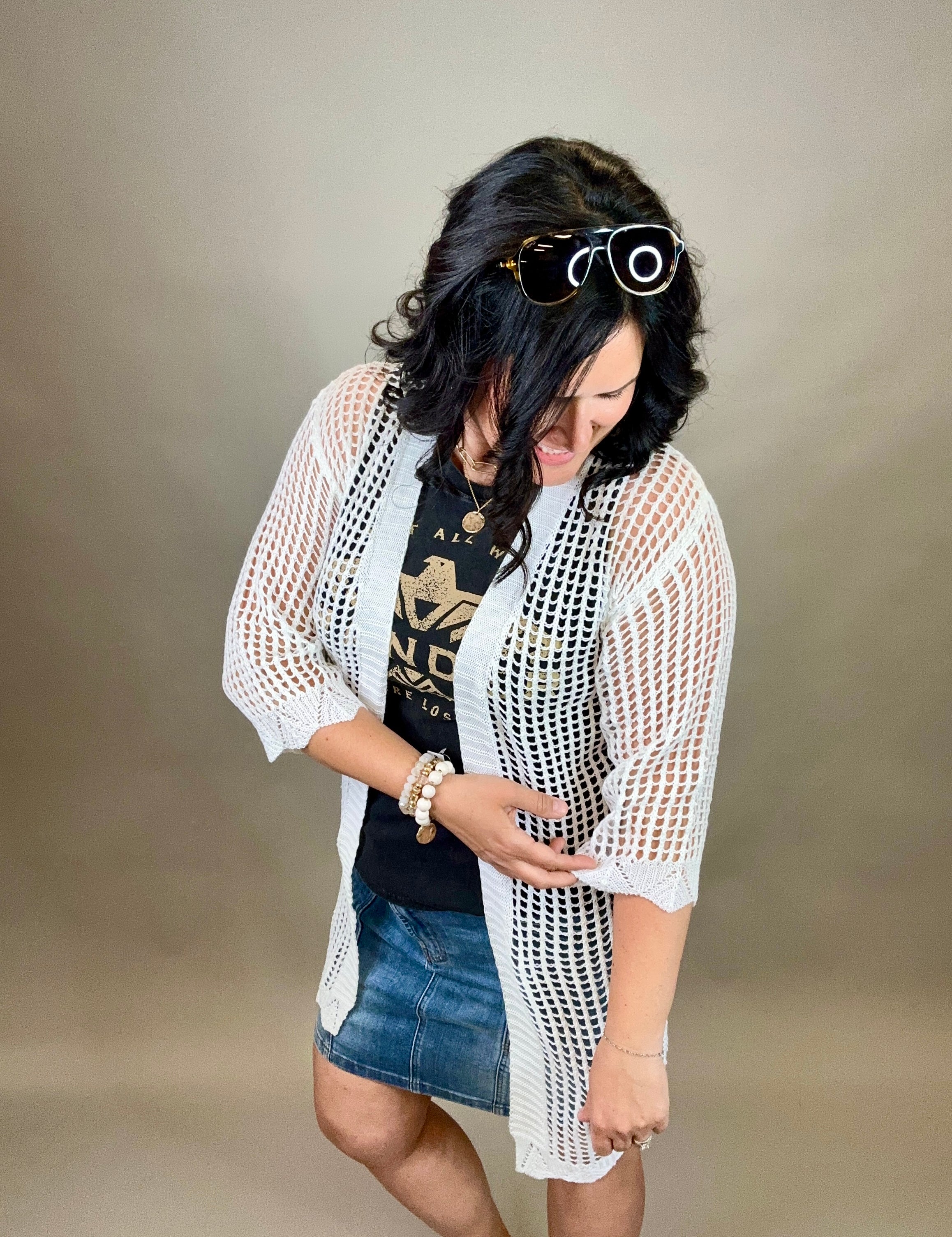 White Coastal Crochet Tie Kimono OS Tops- Cardigans PRETTY SIMPLE WHOLESALE