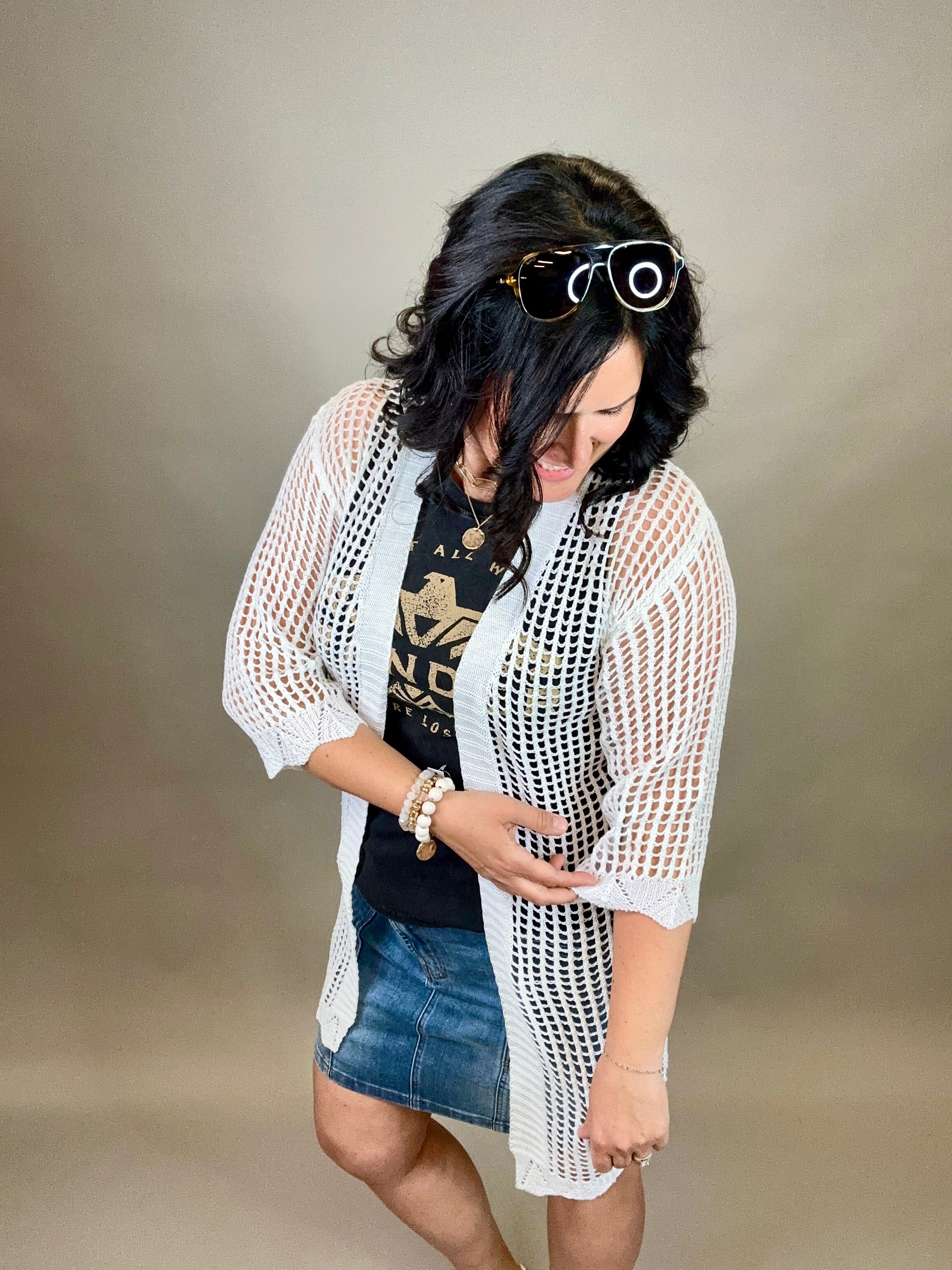 White Coastal Crochet Tie Kimono OS Tops- Cardigans PRETTY SIMPLE WHOLESALE