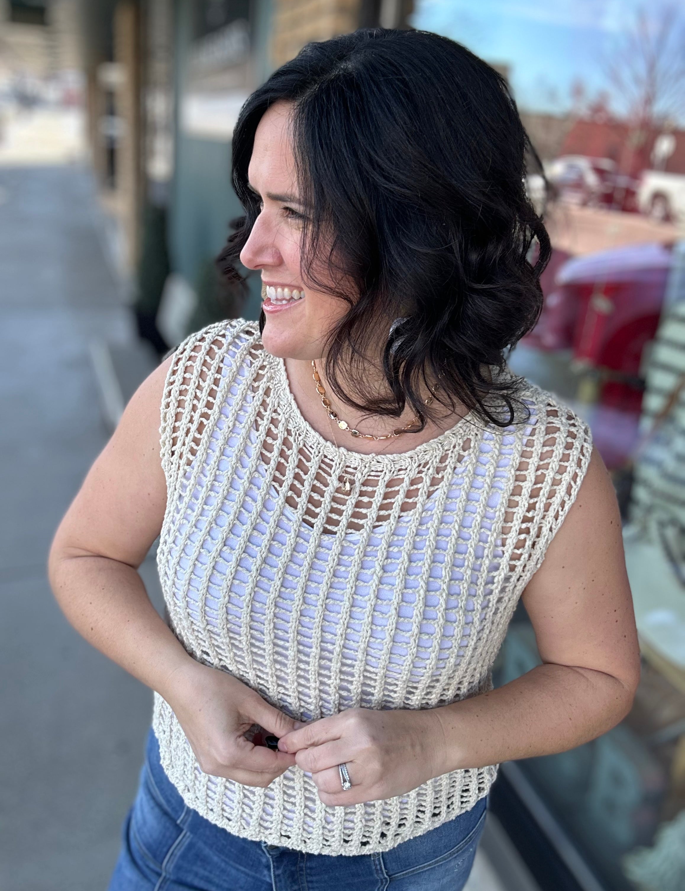 Sand Chunky Open Stitch Sweater Vest Top - Sweater DOE & RAE