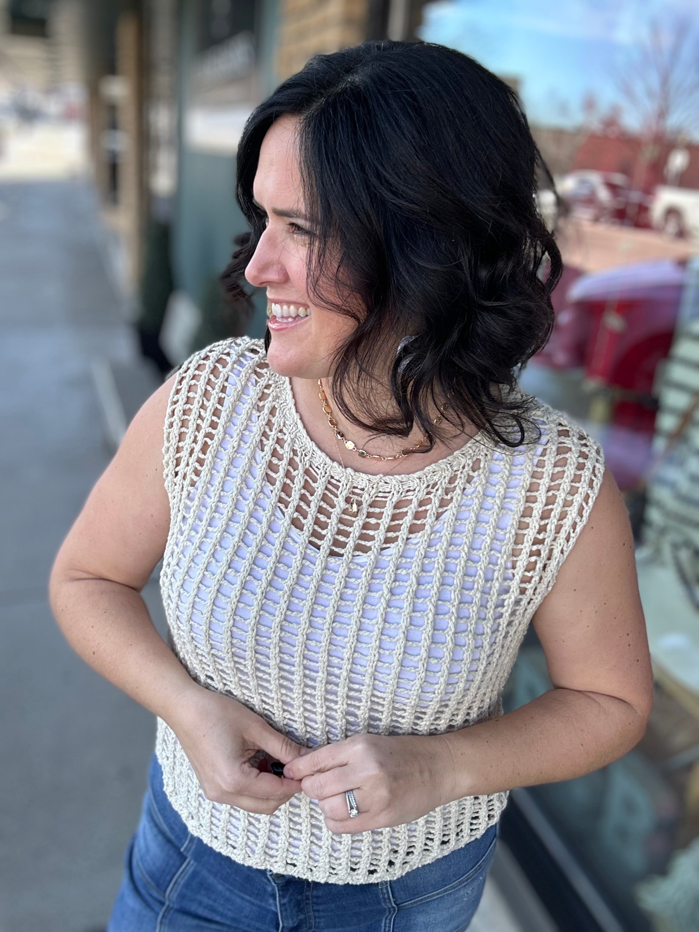 Sand Chunky Open Stitch Sweater Vest Top - Sweater DOE & RAE