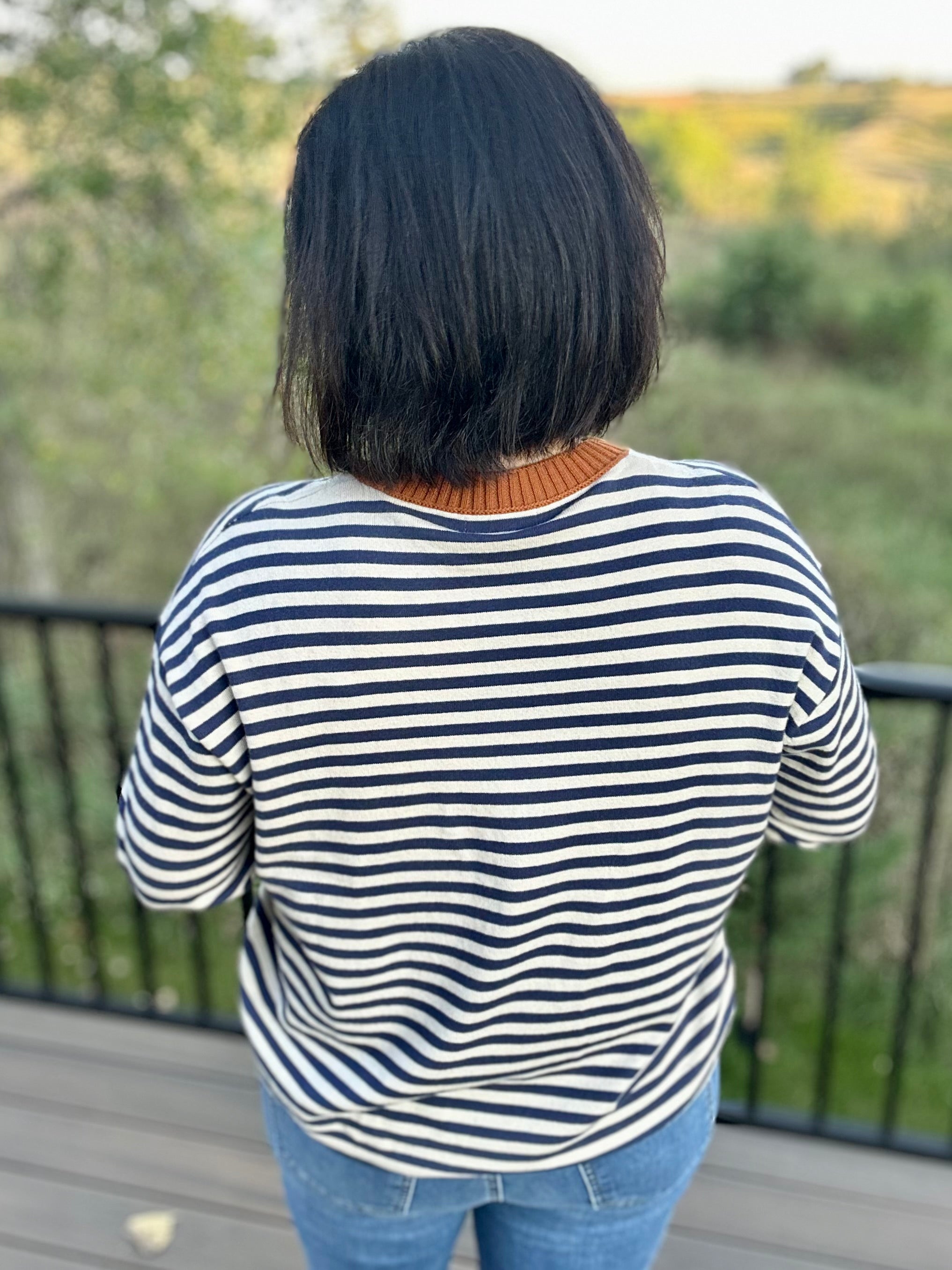 Navy Sand Stripe Contrast Collar Sweater Top - Sweater TRES BIEN