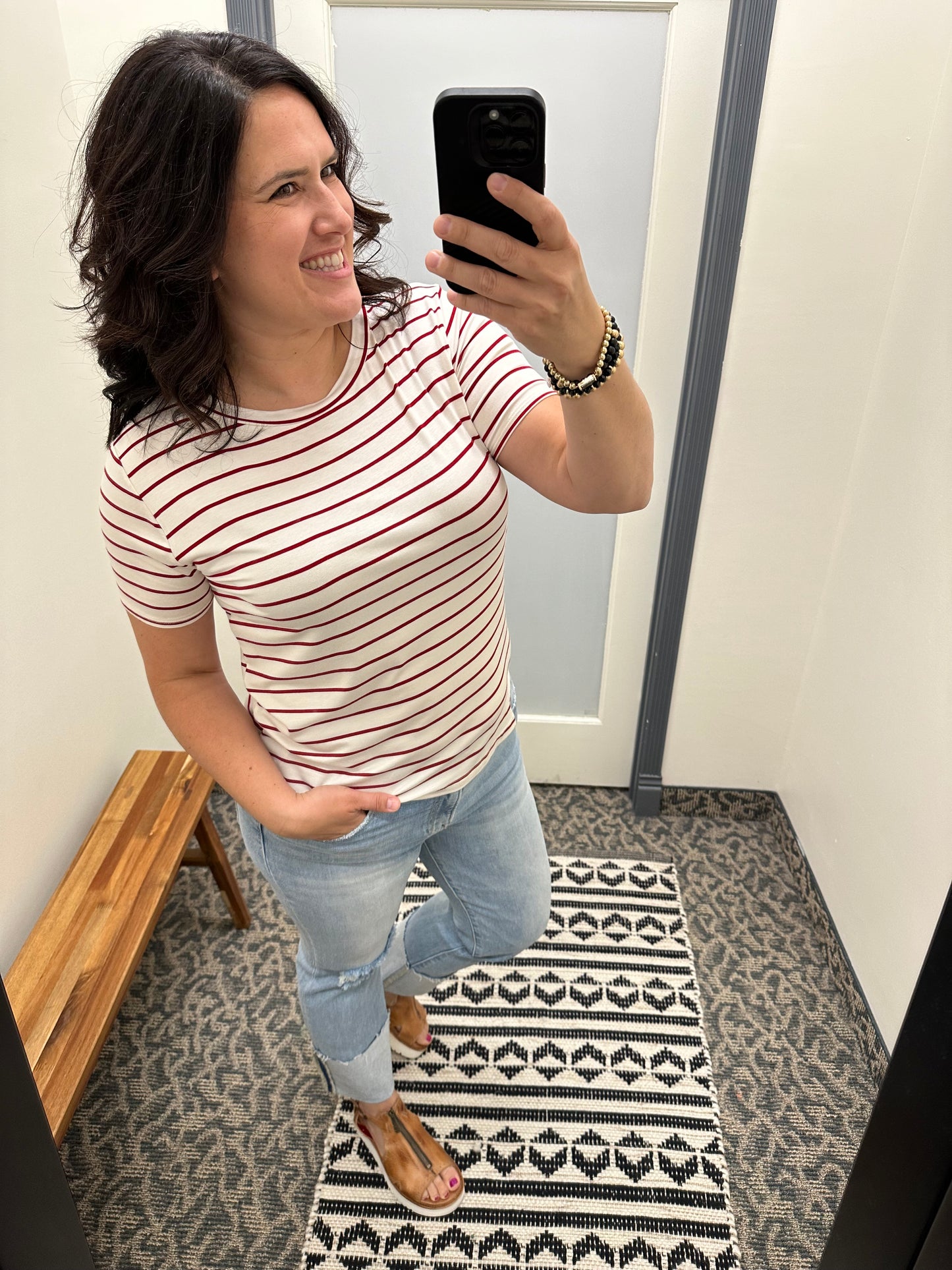 Ivory and Red Striped Top