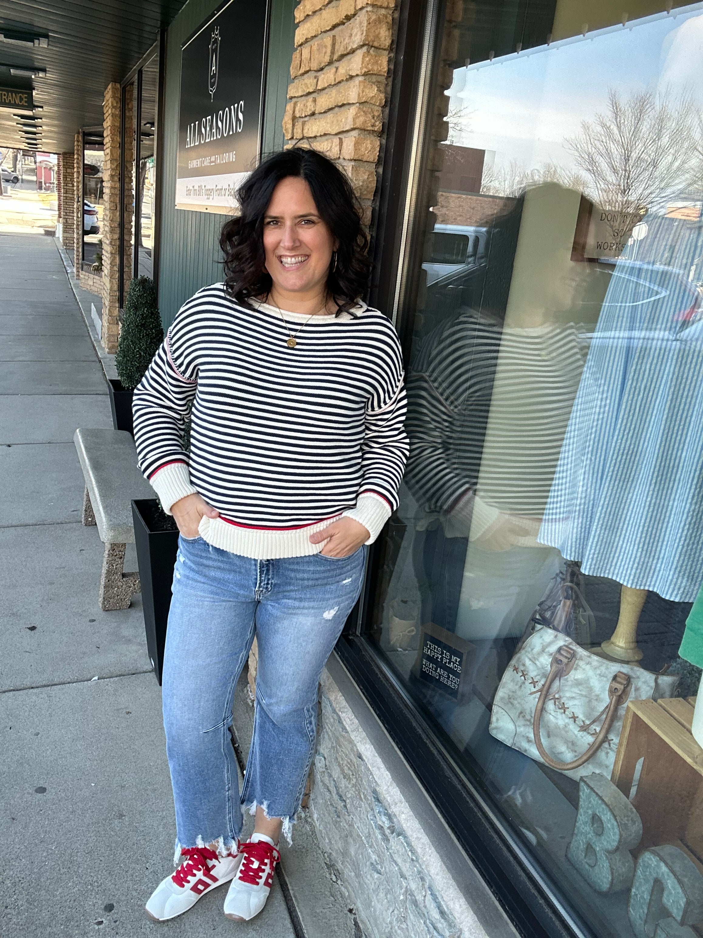 Navy/White Boat Neck Sweater Top - Sweater HEM & THREAD