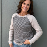 Taupe & Black Stripe Raglan Crew Sweater Top - Sweater STACCATO