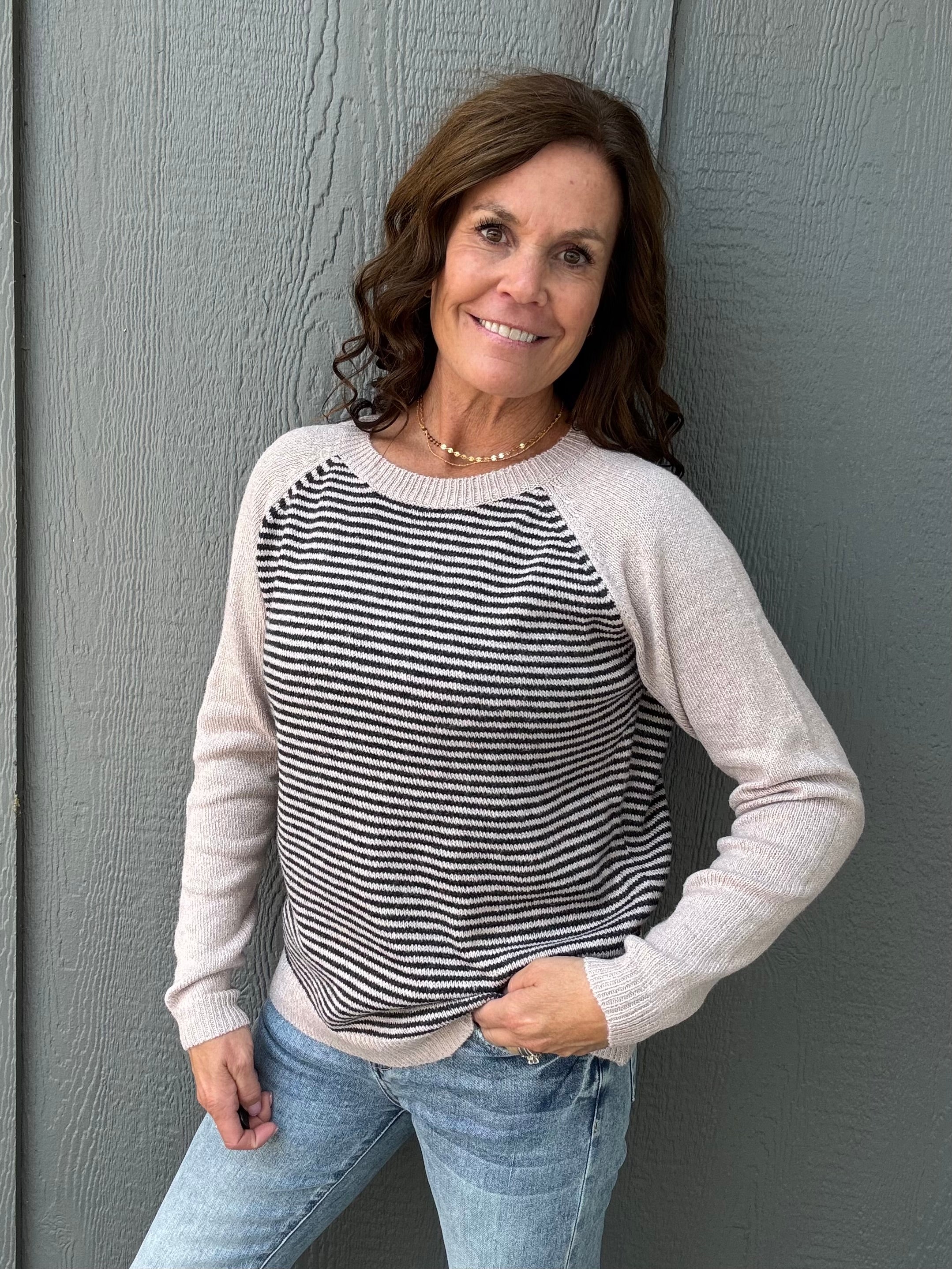 Taupe & Black Stripe Raglan Crew Sweater Top - Sweater STACCATO