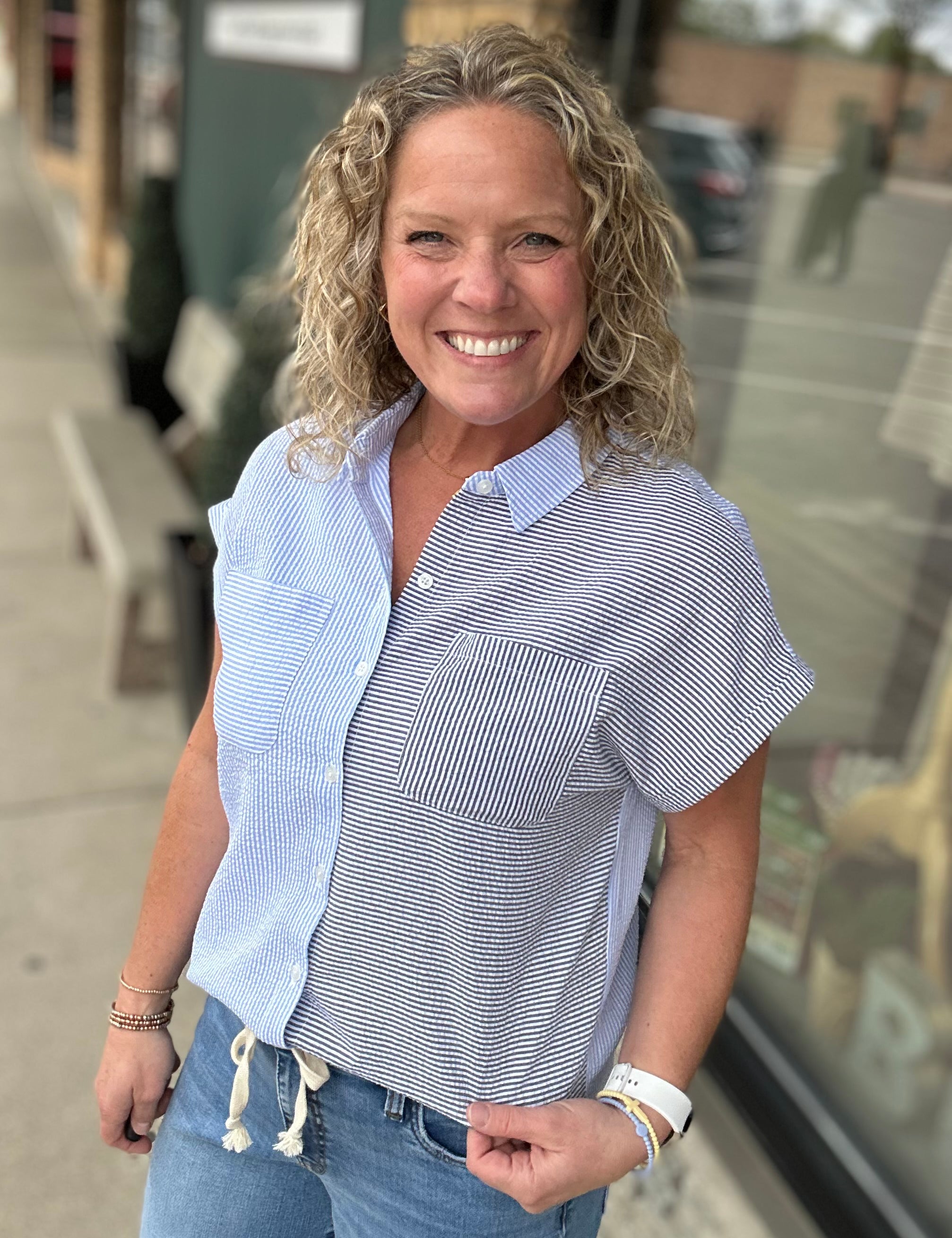 Blue Ramona Color Block Button Down Tops - Button Ups FLAG AND ANTHEM