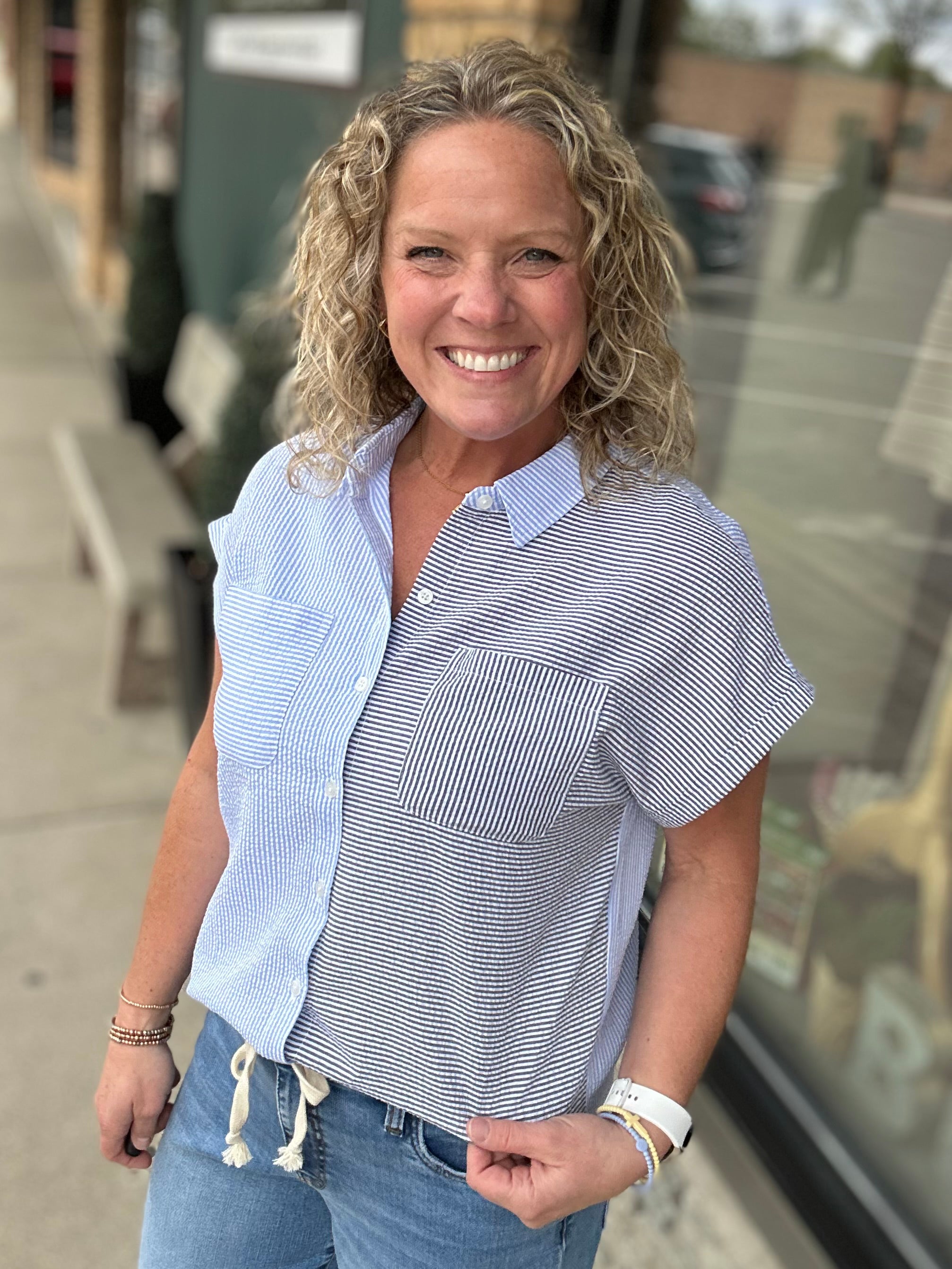 Blue Ramona Color Block Button Down Tops - Button Ups FLAG AND ANTHEM