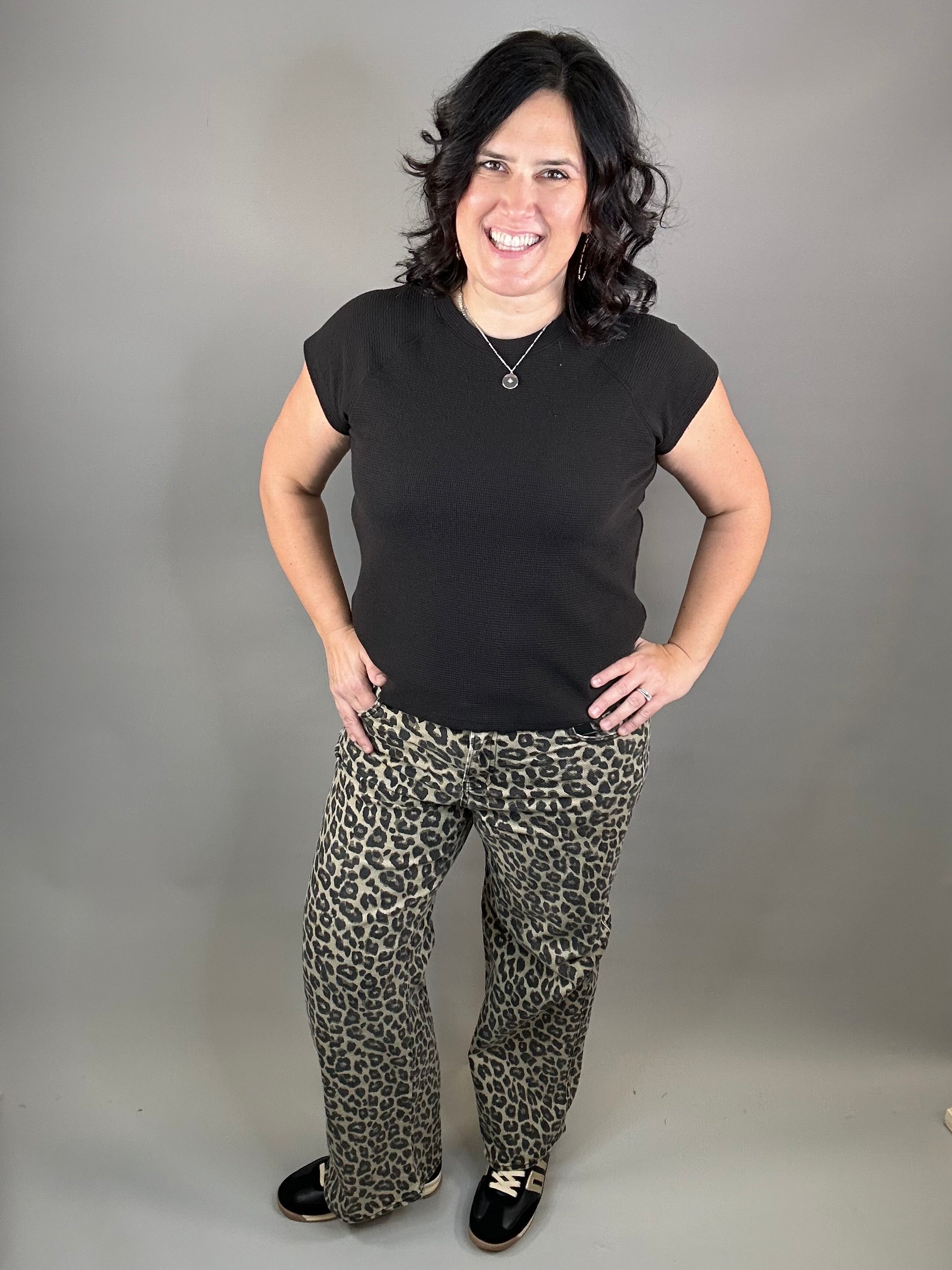Coffee Leopard Wide Leg Jeans Bottom- Pants RISEN