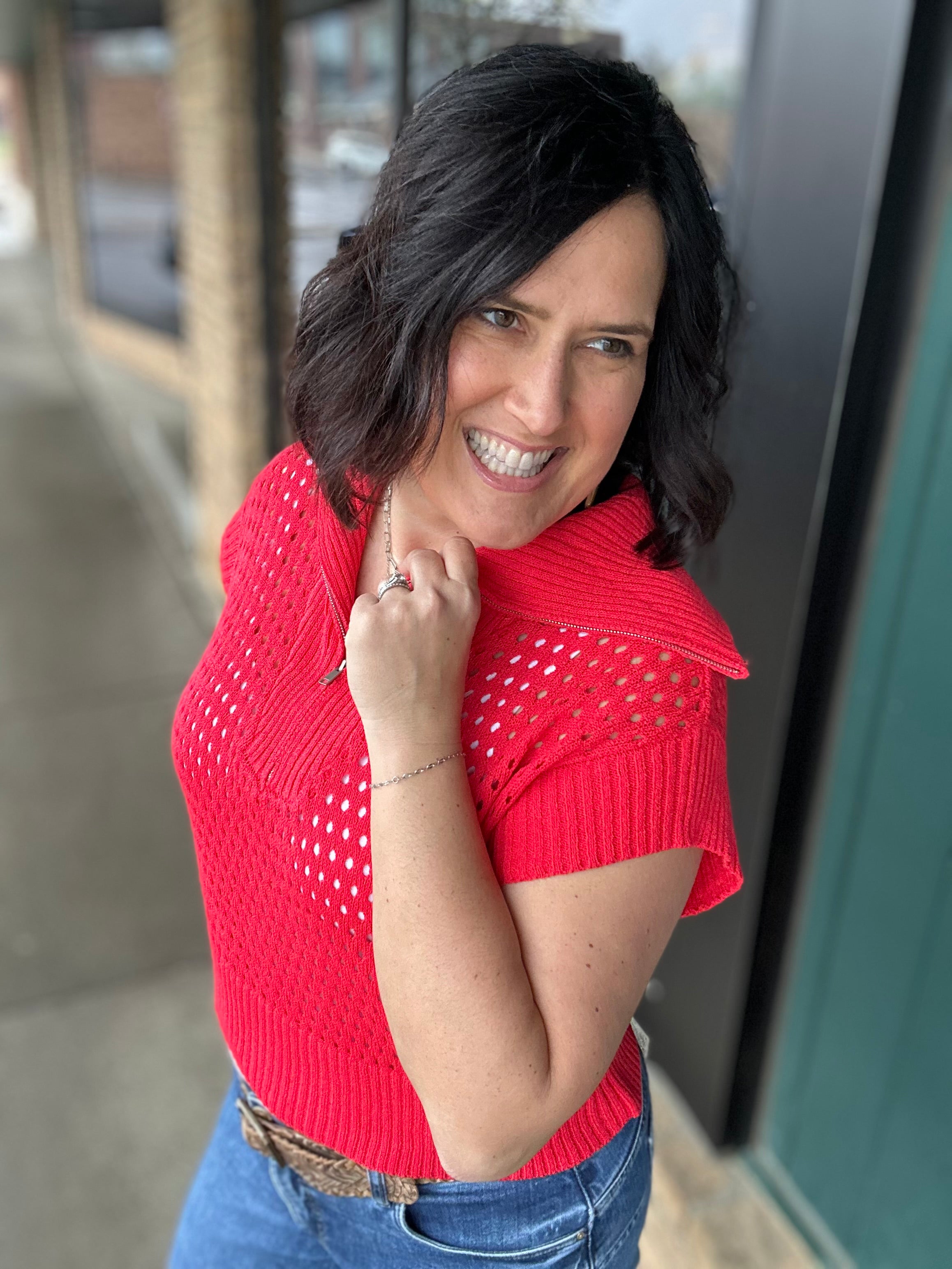 Red Zip Up Sweater Top - Sweater Mystree