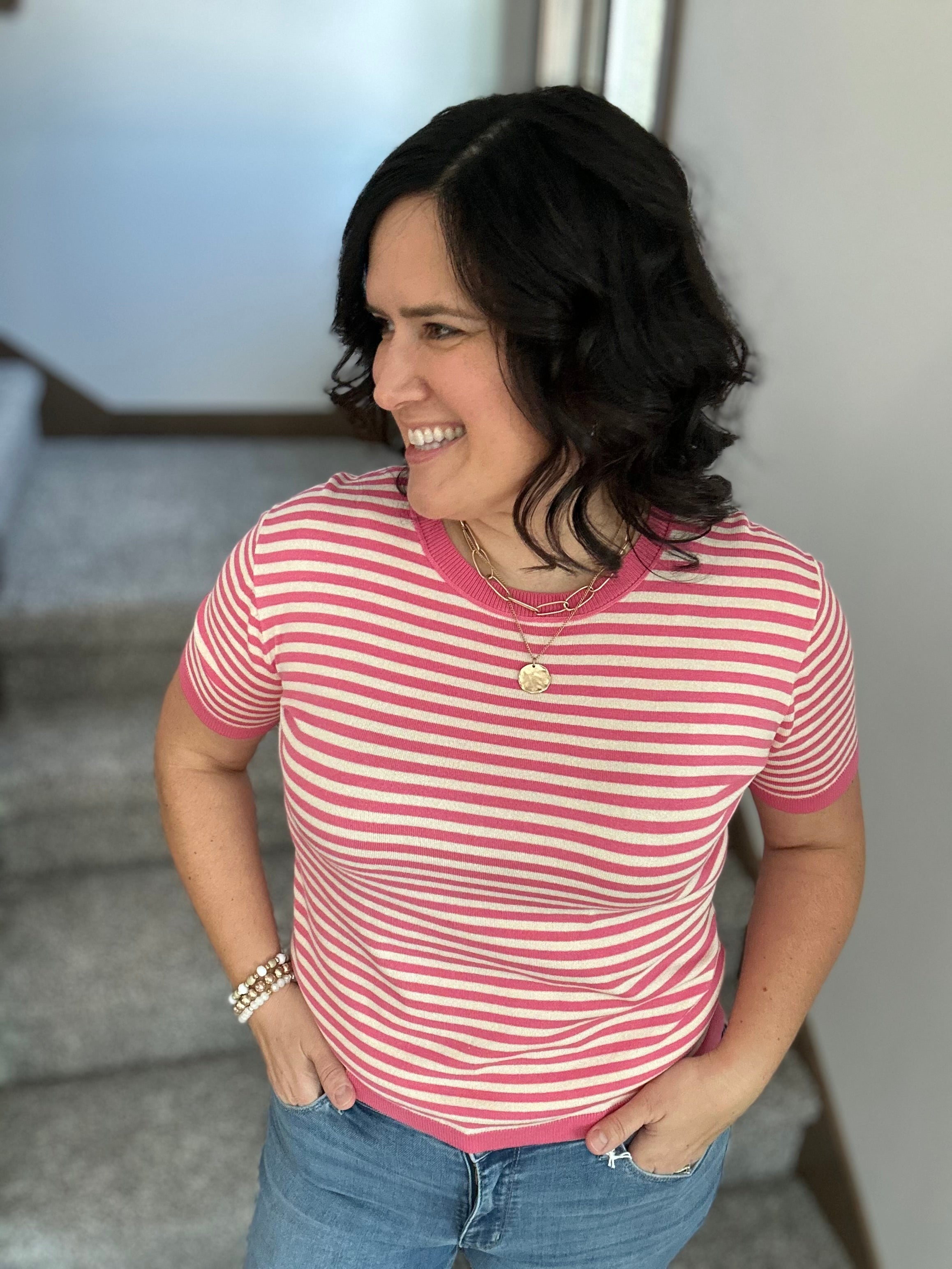 Pink Striped Half Sleeve Sweater Top - Sweater STACCATO