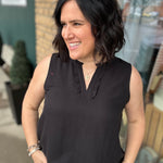 Black Ruffle V Neck Sleeveless Tops- Blouses STACCATO