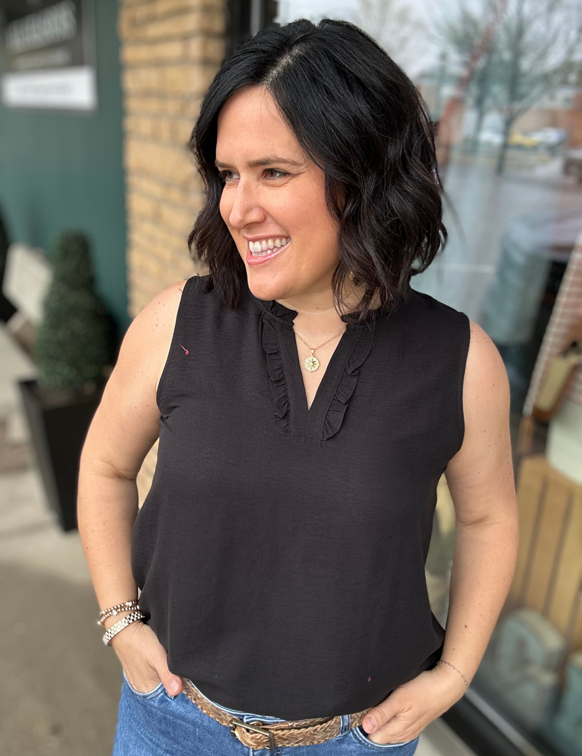 Black Ruffle V Neck Sleeveless Tops- Blouses STACCATO