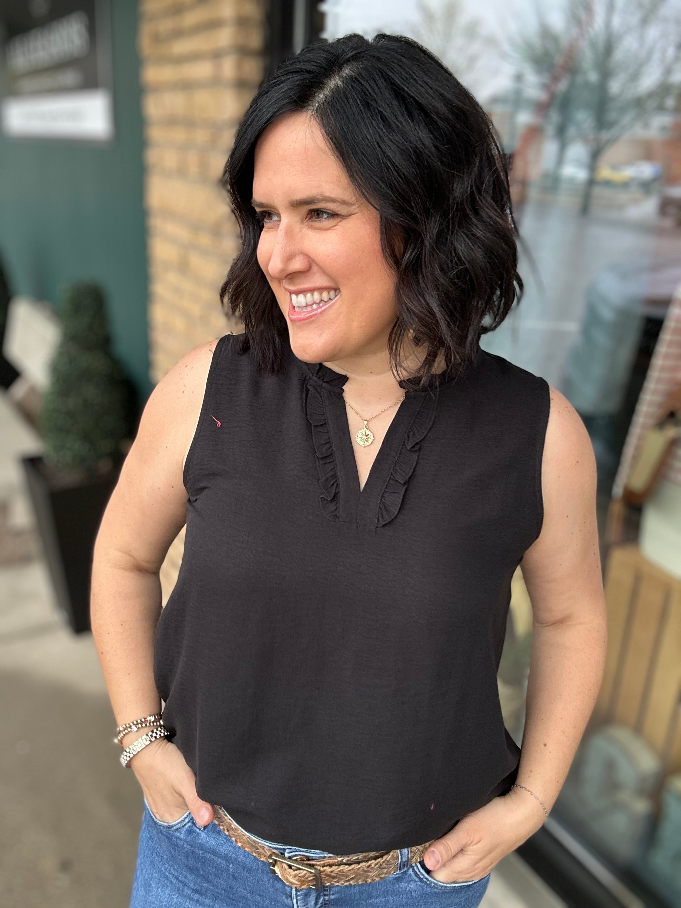 Black Ruffle V Neck Sleeveless Tops- Blouses STACCATO
