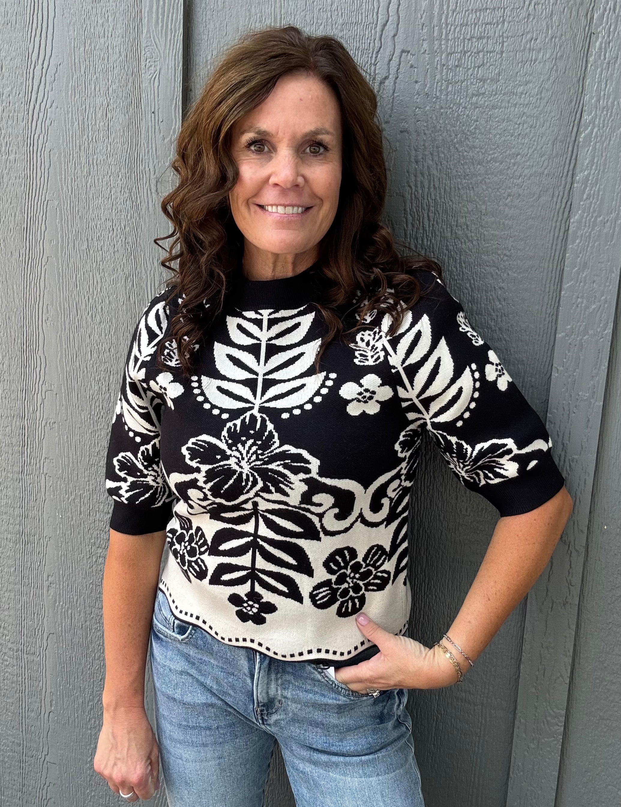 Black Botanical Knit Sweater Top - Sweater THML