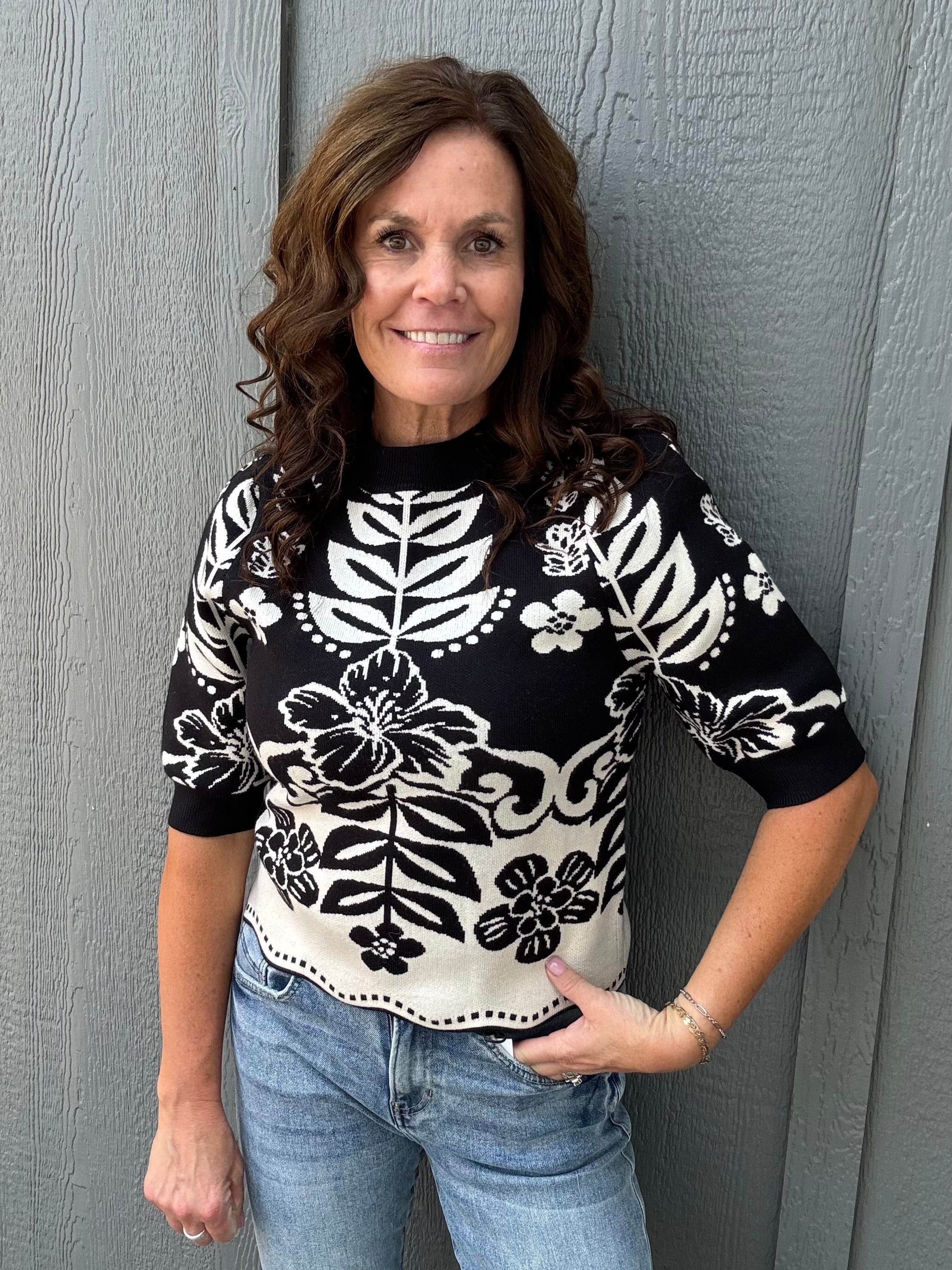 Black Botanical Knit Sweater Top - Sweater THML