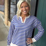 Blue Oatmeal Notch Neck LS Stripe Top Top - Sweatshirt STACCATO