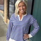 Blue Oatmeal Notch Neck LS Stripe Top Top - Sweatshirt STACCATO