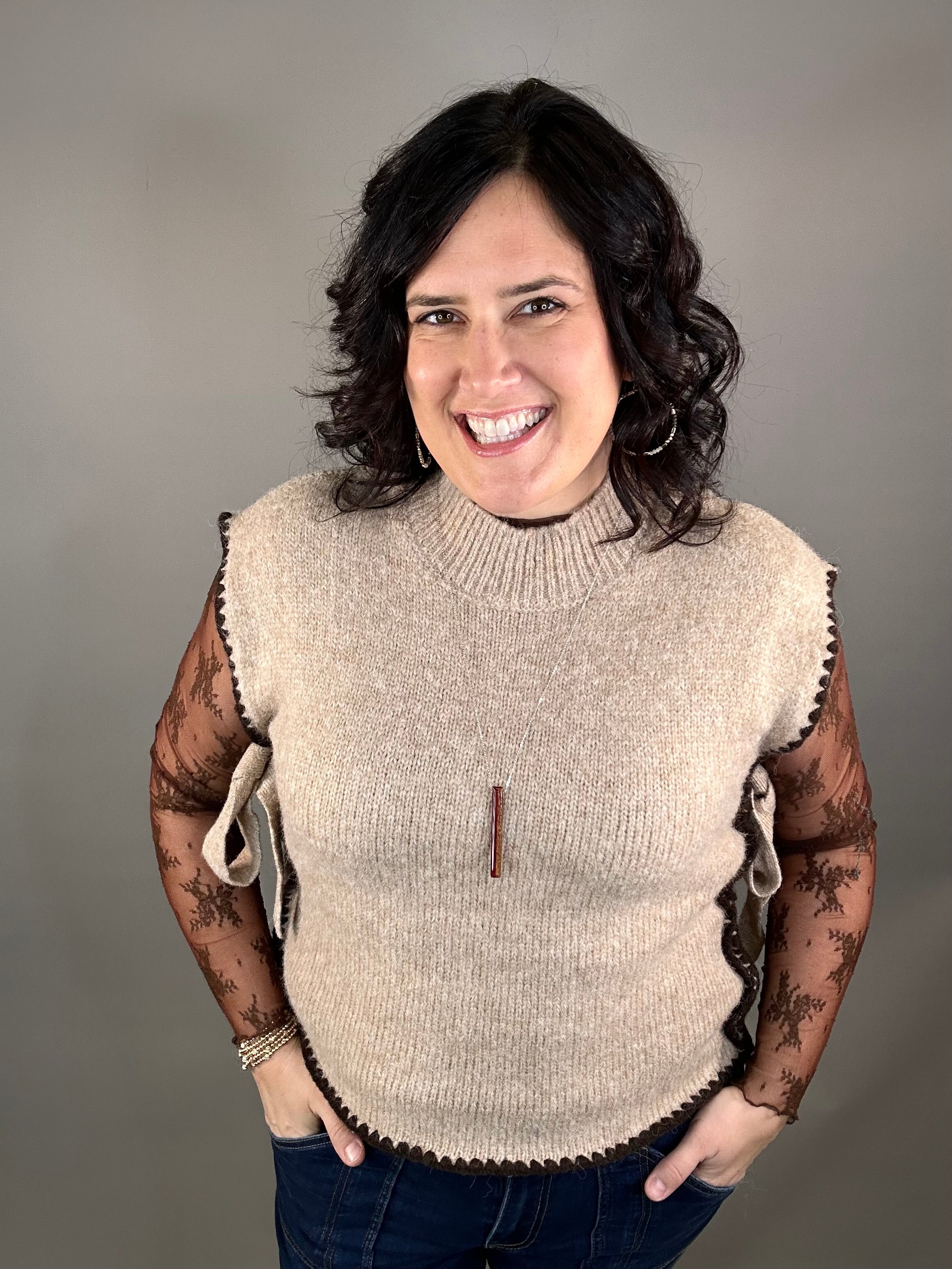 Taupe Mock Neck Side Tie Vest Top - Sweater SUNDAY EDITION