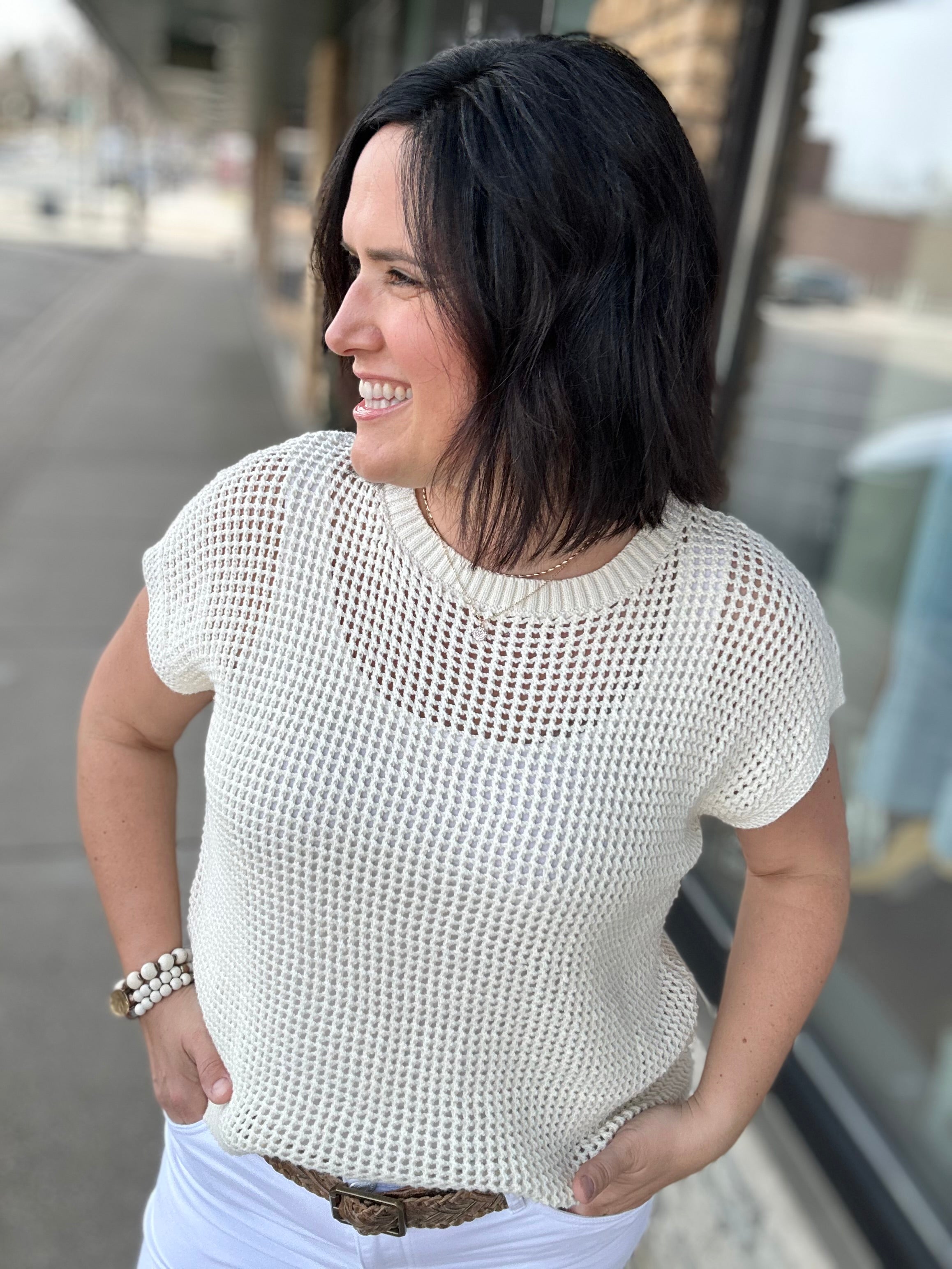 Cream Sun-Soaked Open-Knit Fishnet Sweater Top - Sweater IN FEBRUARY